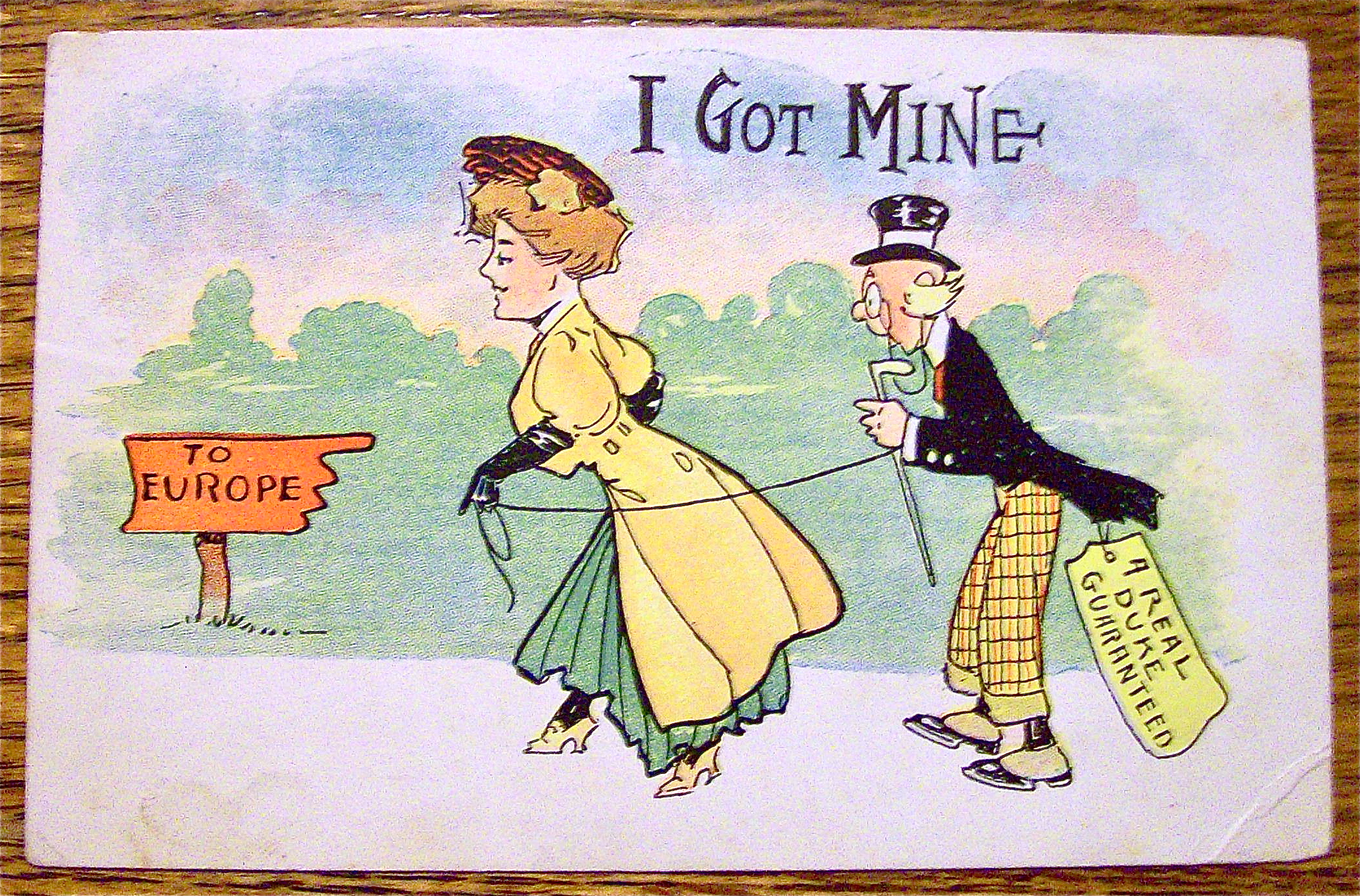 Woman Walking Old Man With A String Postcard