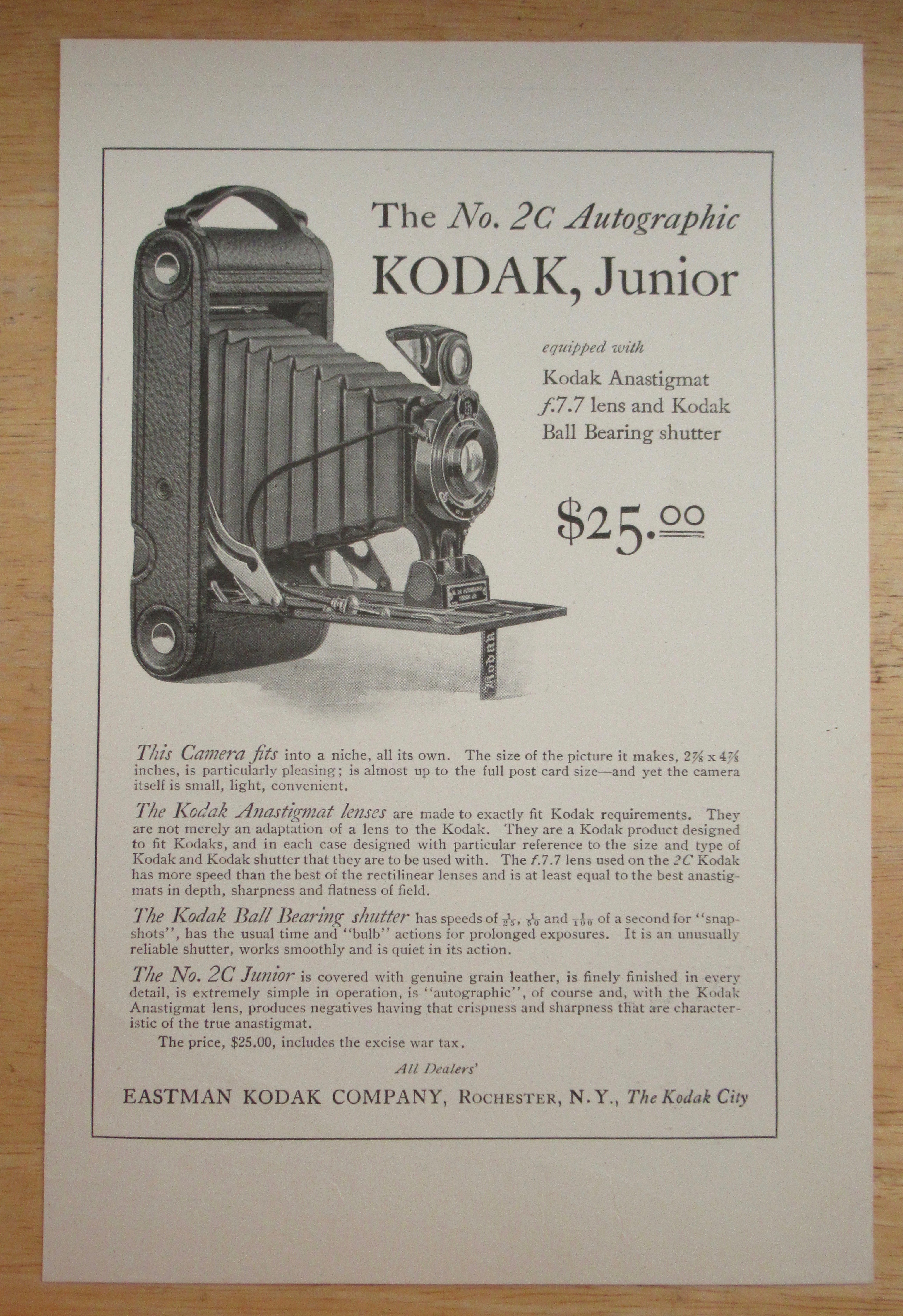 1921 Kodak Junior Camera w/Number 2C Autographic Camera