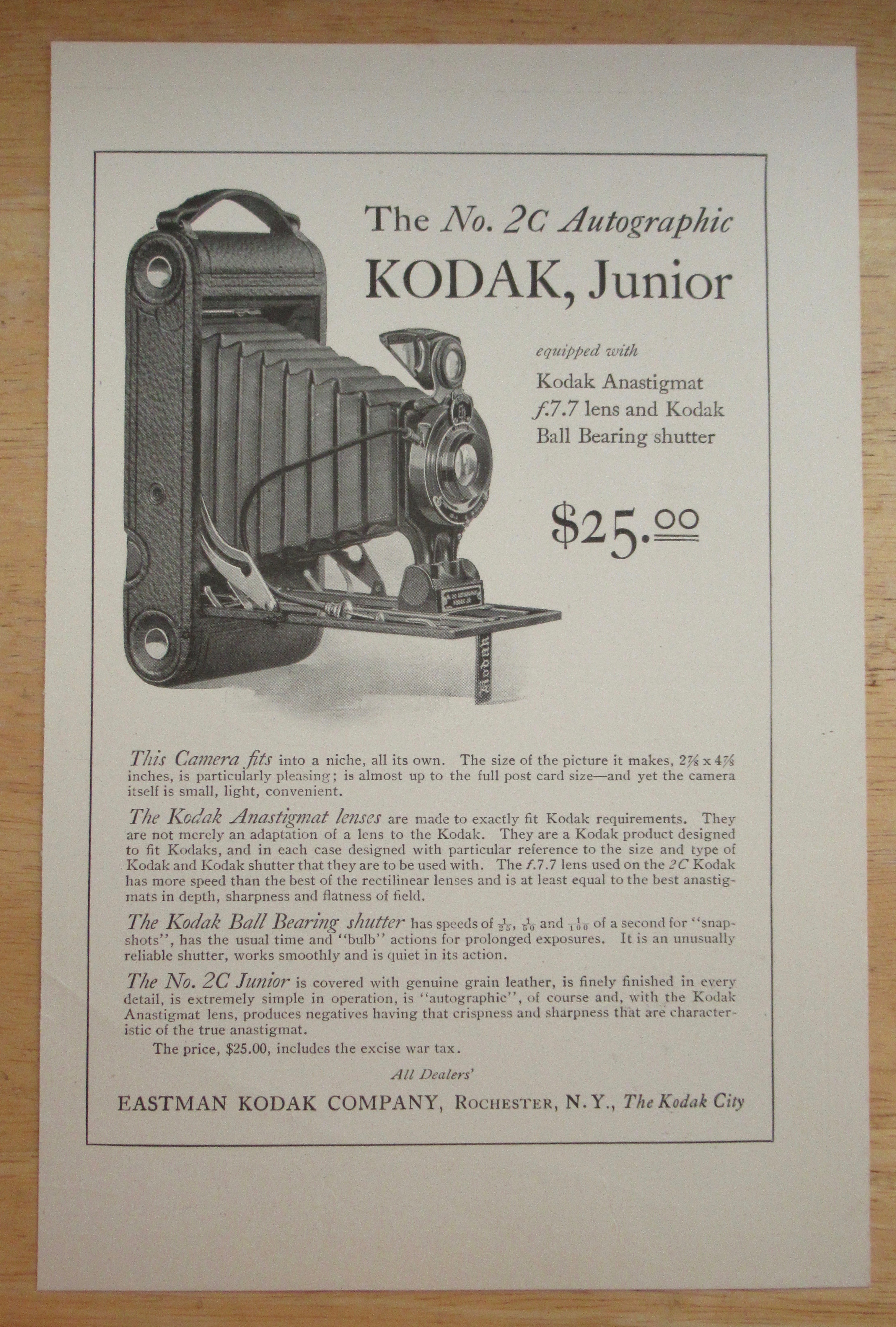 1921 Kodak Junior Camera w/Number 2C Autographic Camera