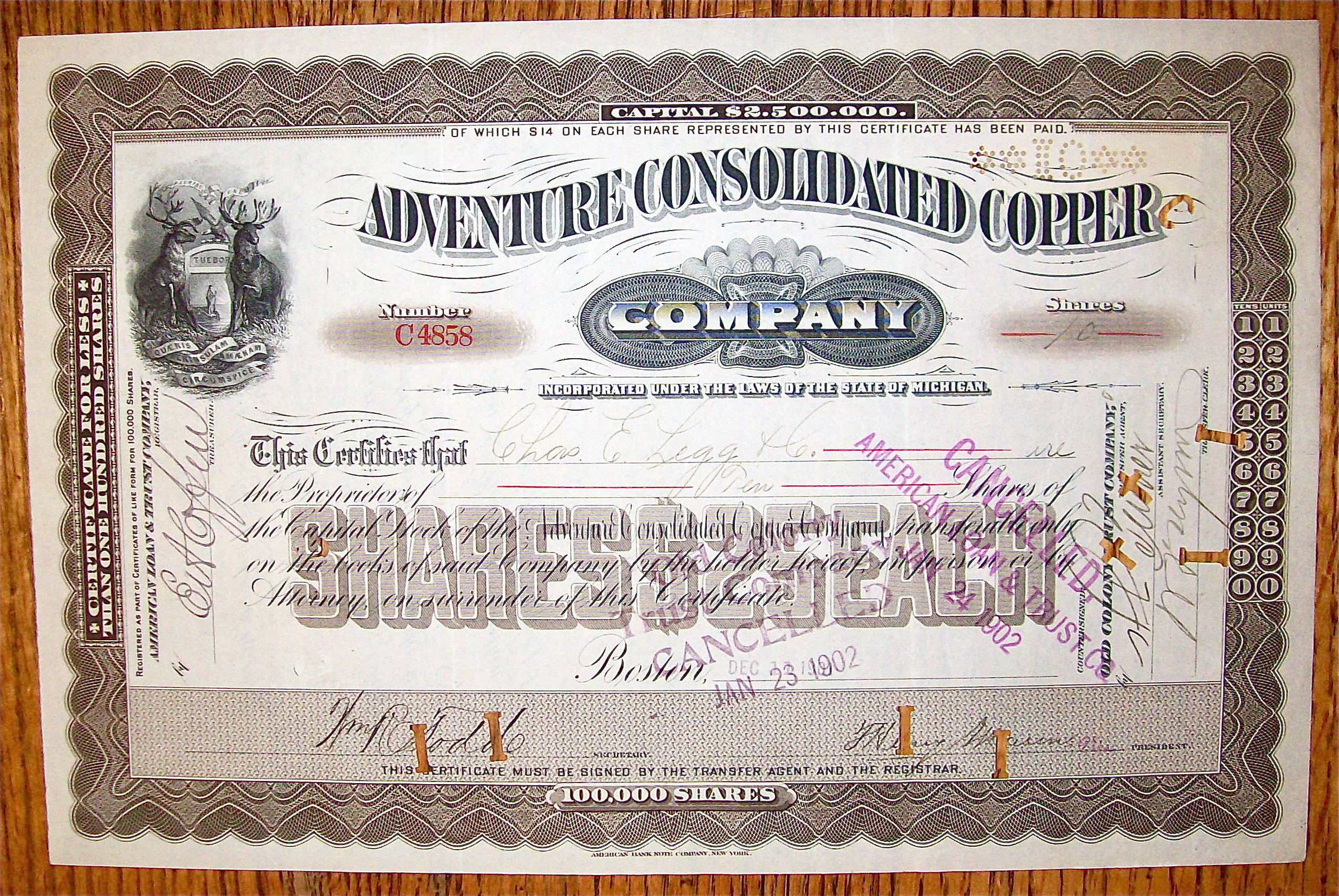 1902 Adventure Consolidated Copper Company Stock