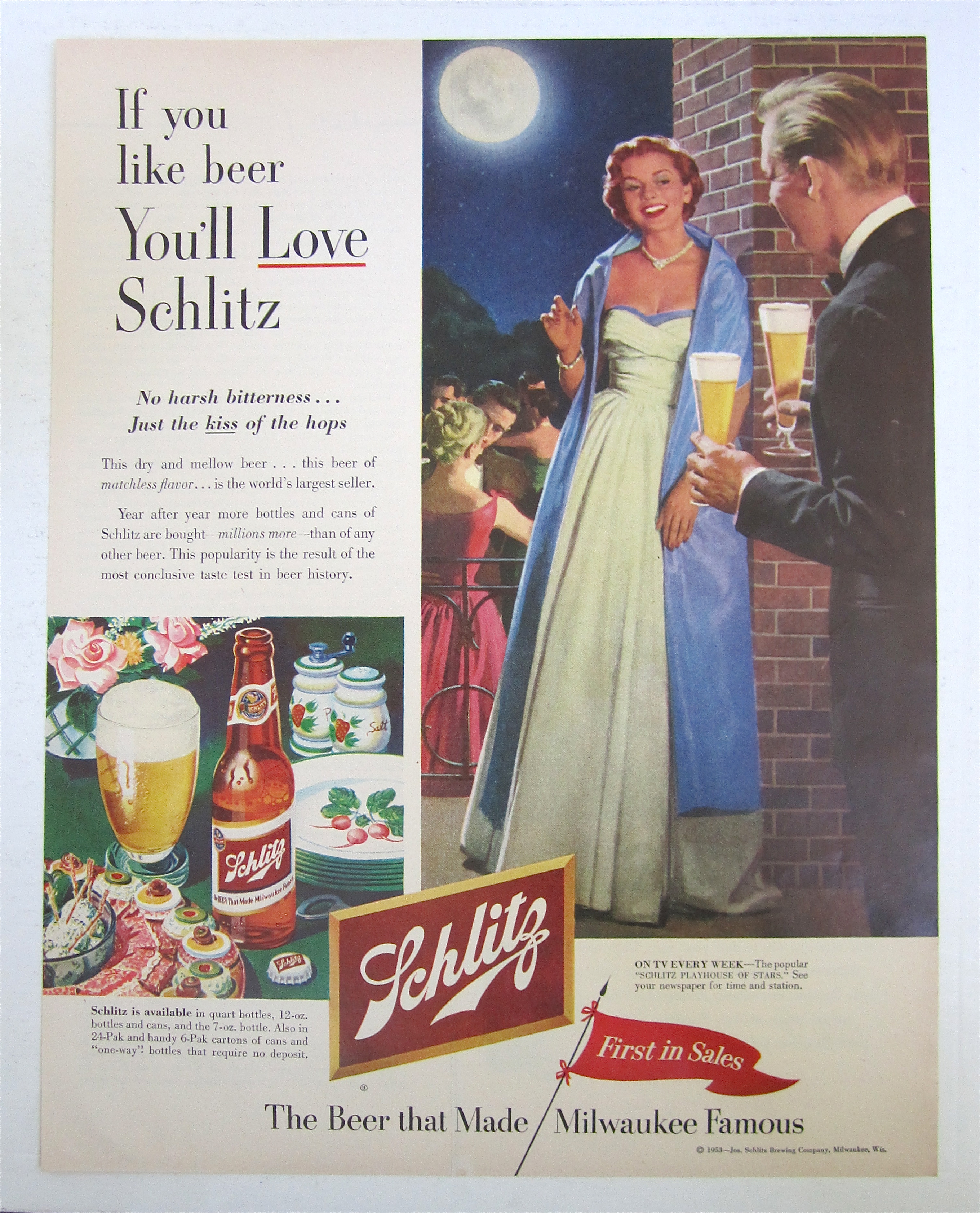 1953 Schlitz Beer with Man Bringing Woman Glass Of Beer
