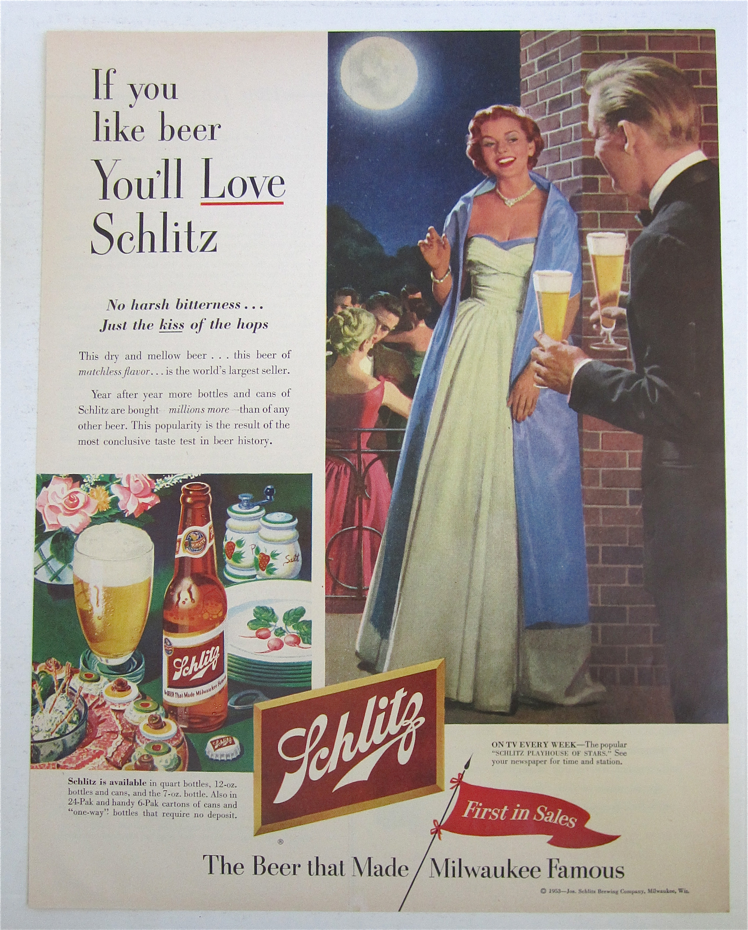 1953 Schlitz Beer with Man Bringing Woman Glass Of Beer