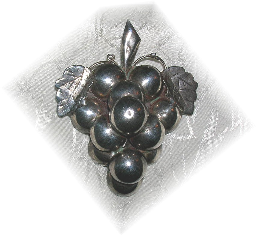 Taxco Mexico  Sterling Silver Grapes & Leaf Brooch