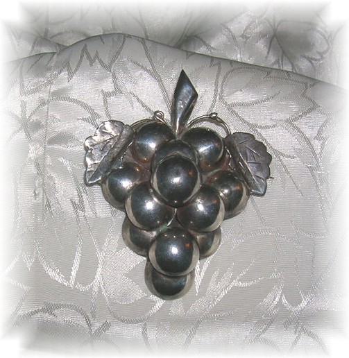 Taxco Mexico  Sterling Silver Grapes & Leaf Brooch