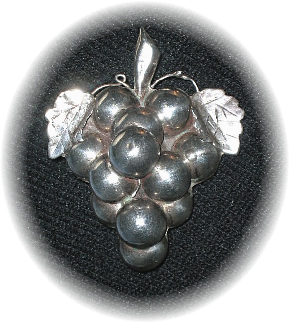 Taxco Mexico  Sterling Silver Grapes & Leaf Brooch