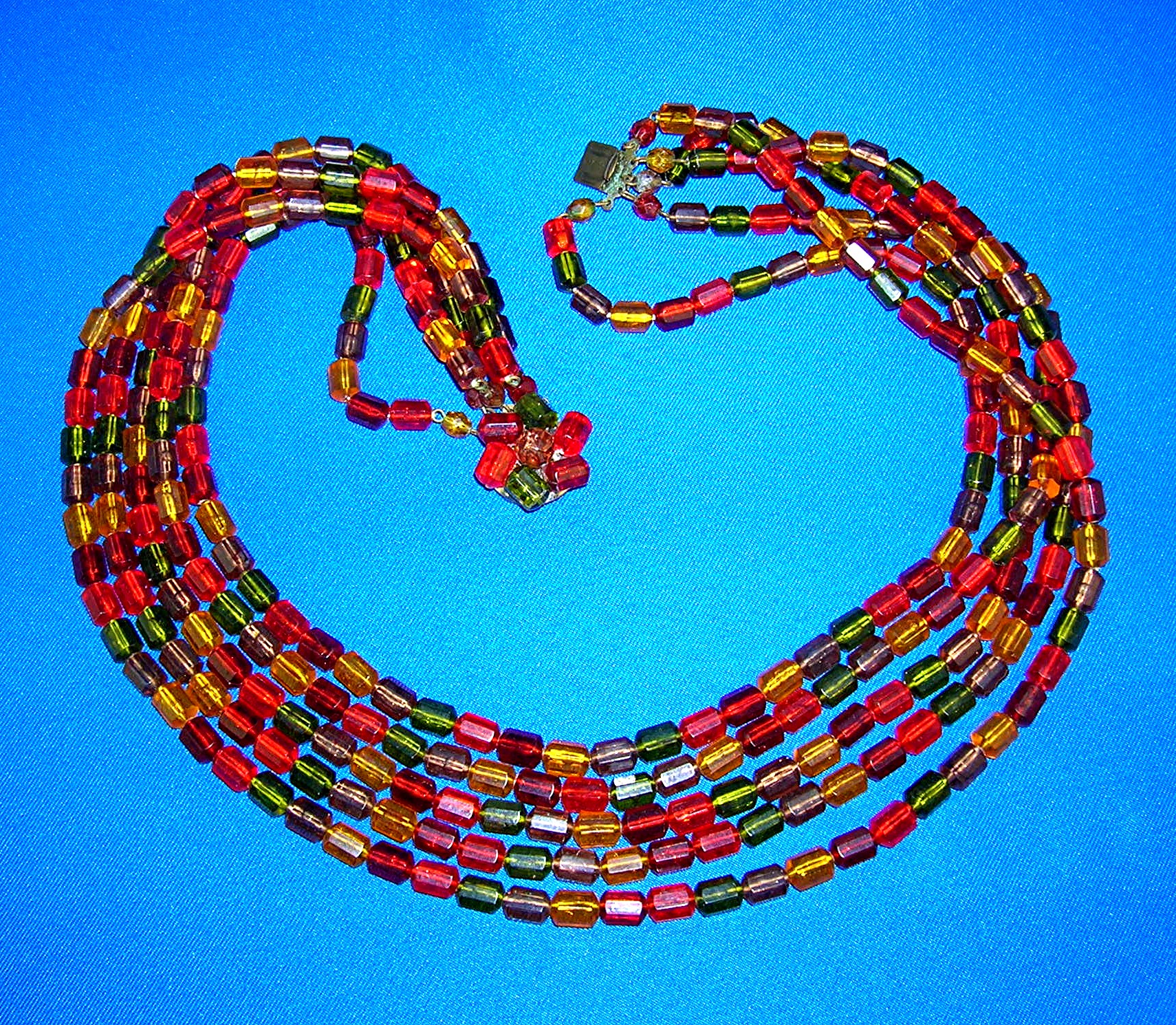 West German Lucite Orange Green Gold 5 Row Necklace