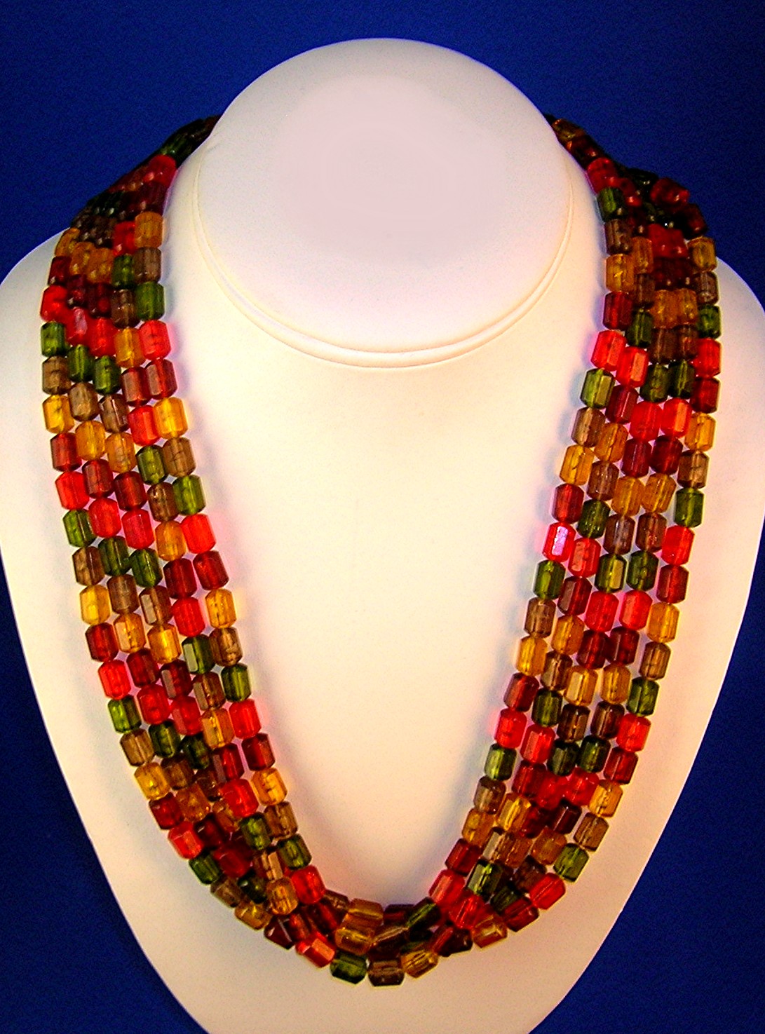 West German Lucite Orange Green Gold 5 Row Necklace