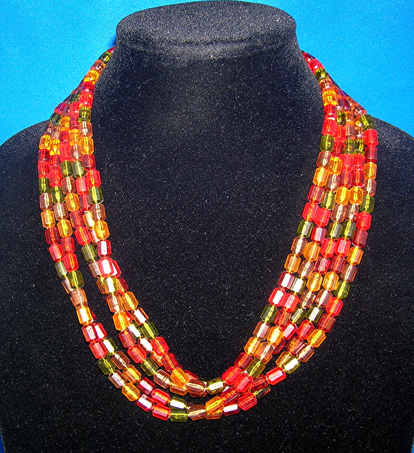 West German Lucite Orange Green Gold 5 Row Necklace