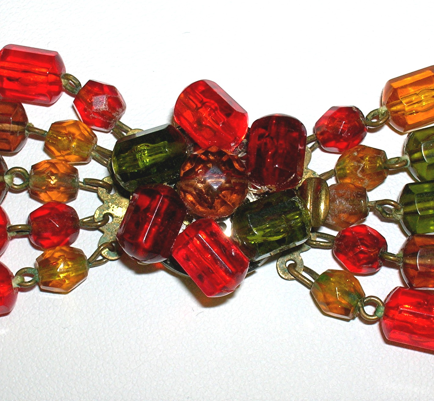 West German Lucite Orange Green Gold 5 Row Necklace
