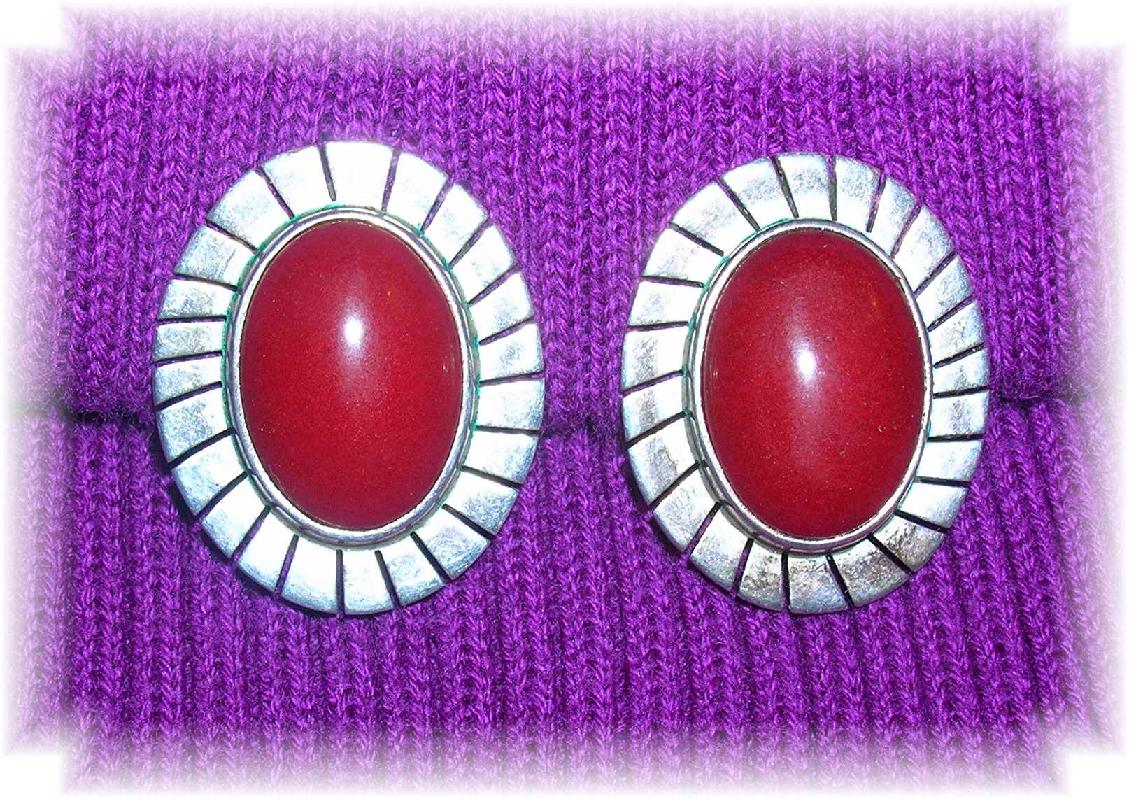 Large Mexican Sterling Silver & Coral Clip Earrings