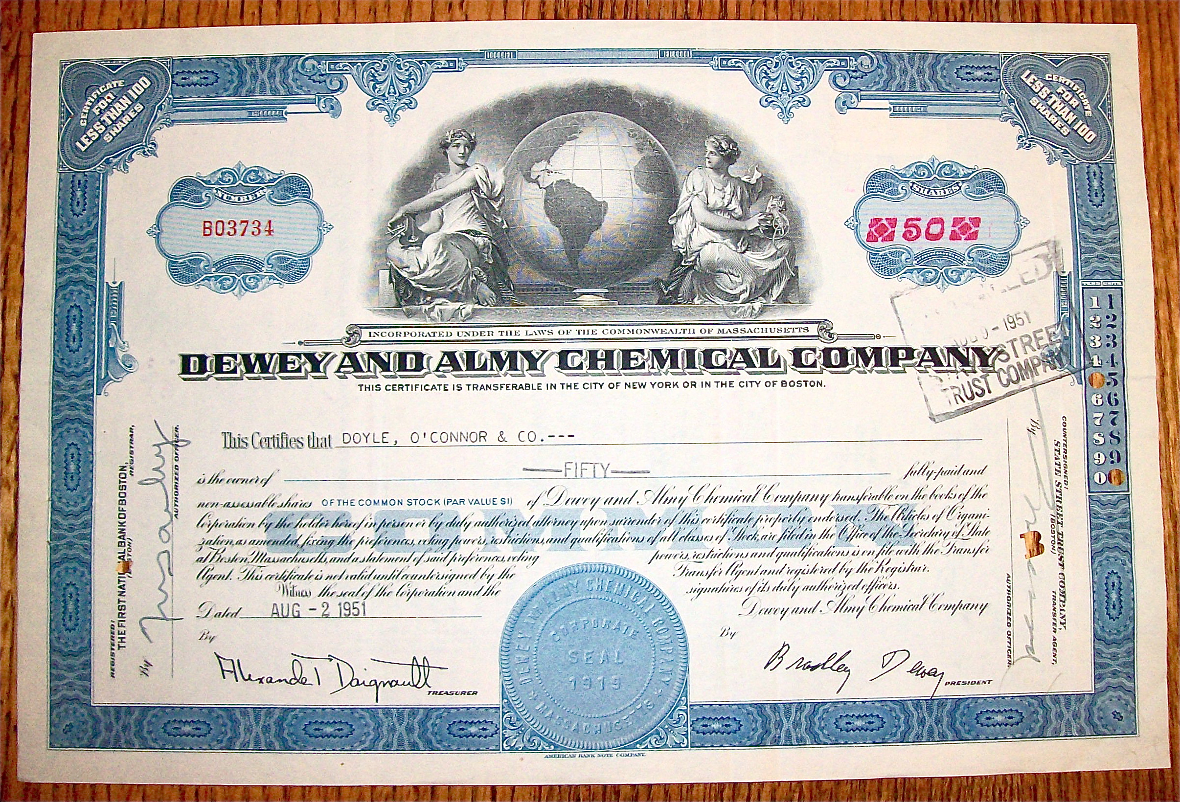 1951 Dewey & Almy Chemical Company Stock Certificate