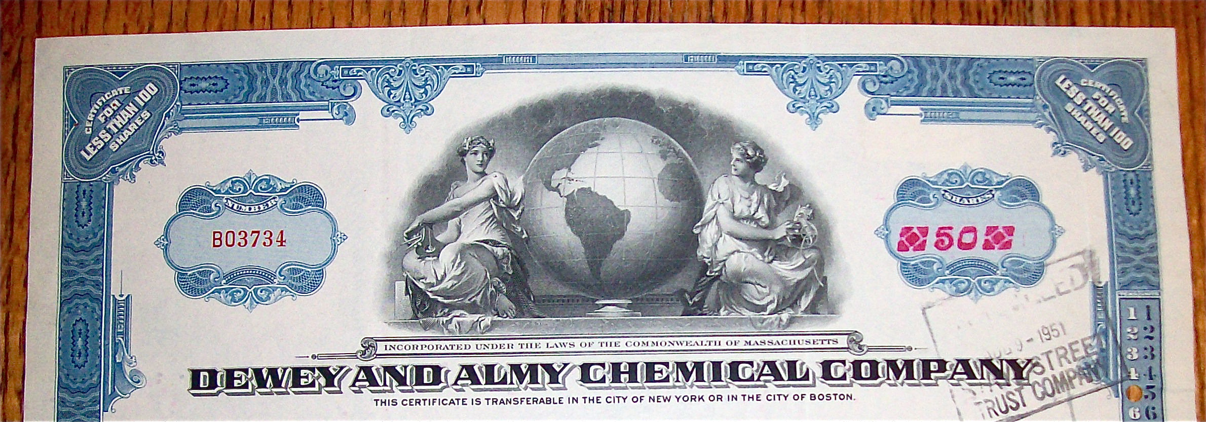 1951 Dewey & Almy Chemical Company Stock Certificate