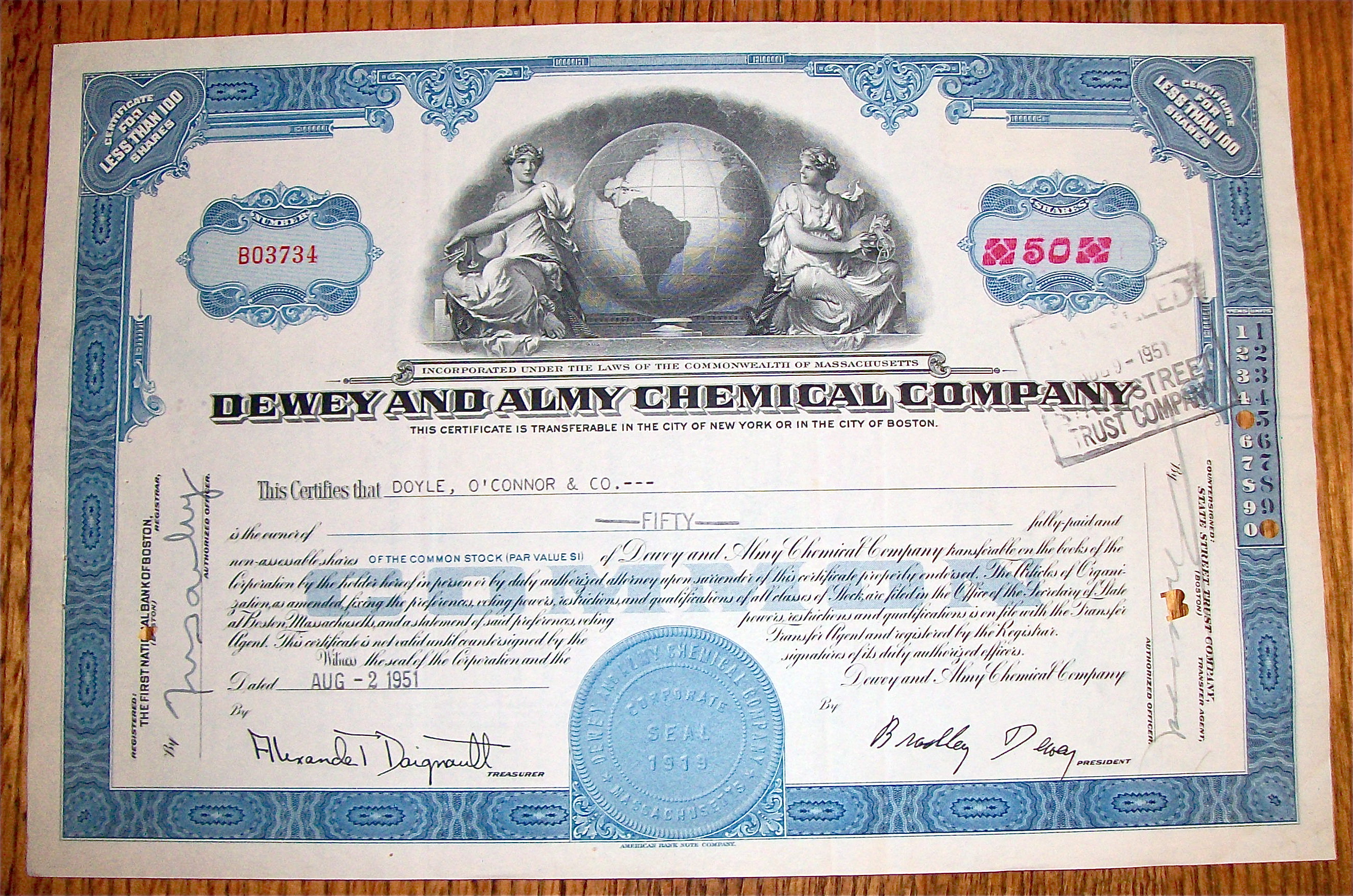 1951 Dewey & Almy Chemical Company Stock Certificate