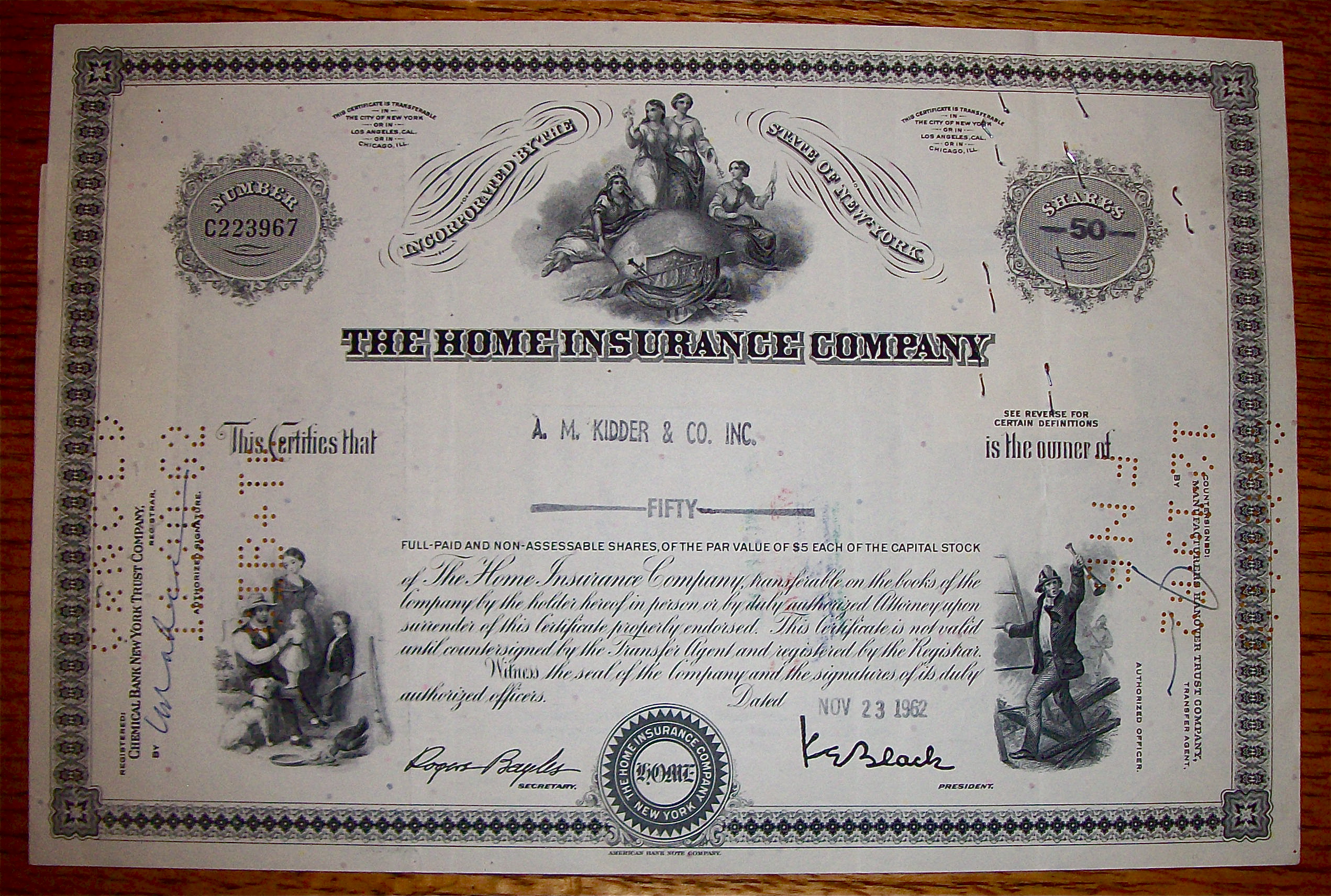 1962 Home Insurance Company Stock Certificate