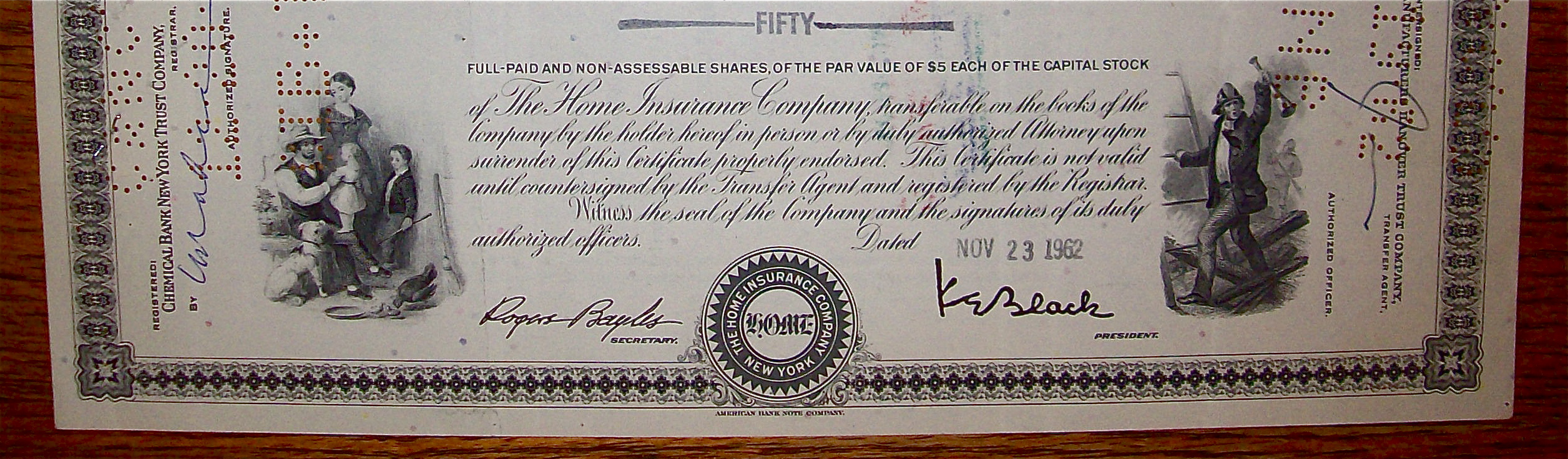 1962 Home Insurance Company Stock Certificate