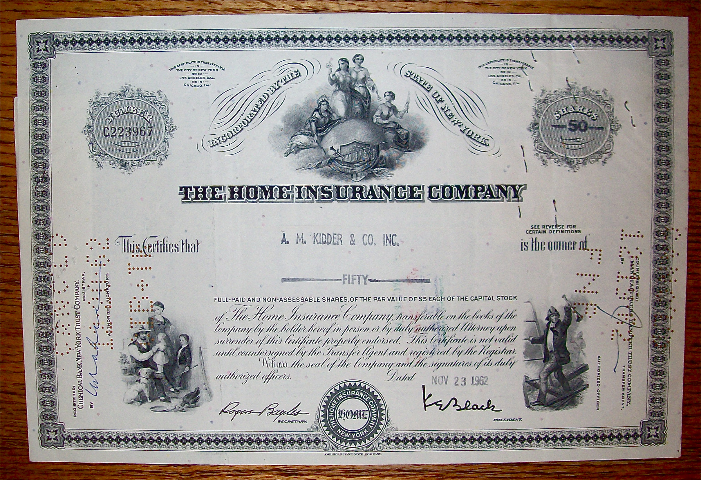 1962 Home Insurance Company Stock Certificate