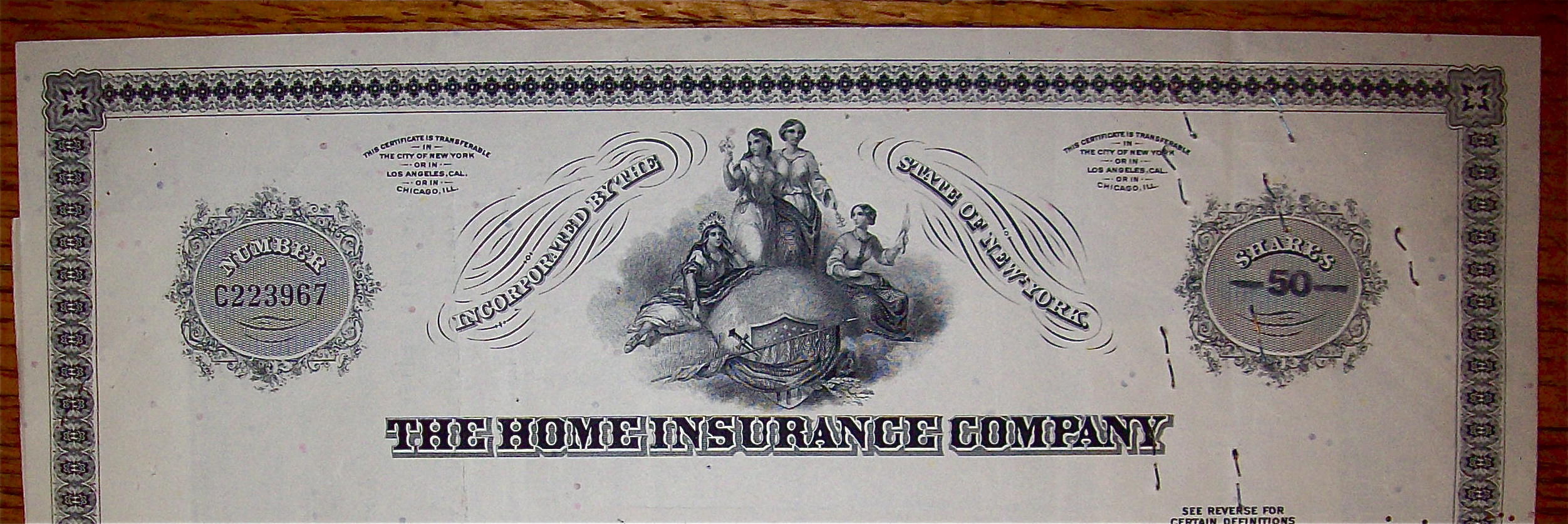 1962 Home Insurance Company Stock Certificate
