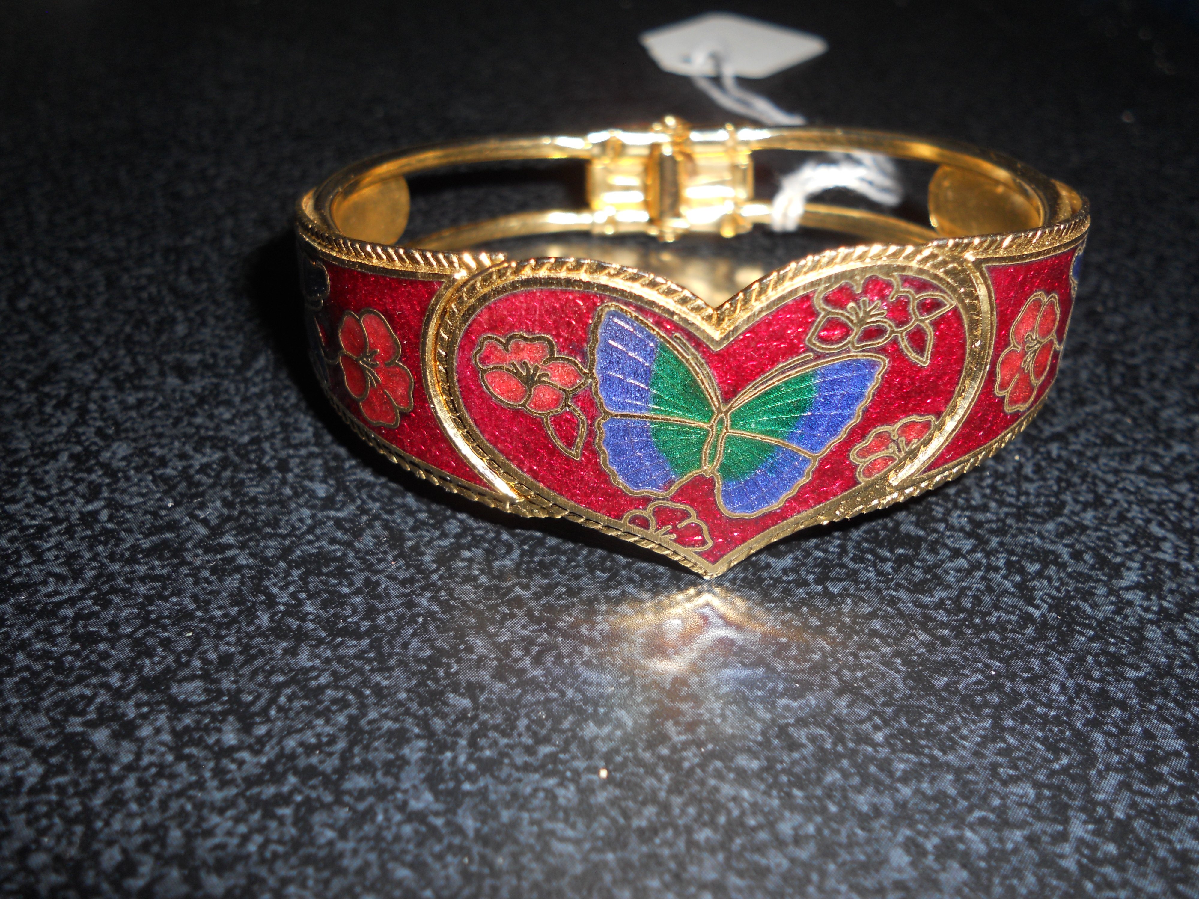 Vintage  Cloisonné Heart Butterfly Hinged Bracelet