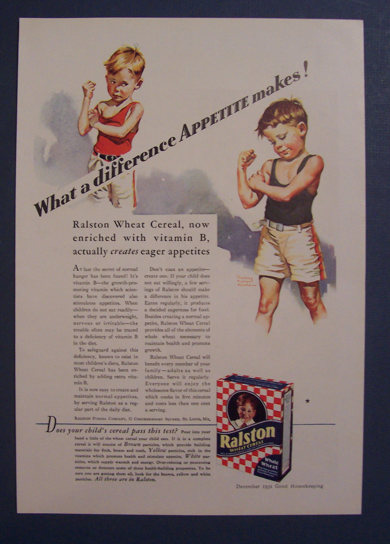 1931 Ralston Wheat Cereal w/2 Boys Feeling Muscles