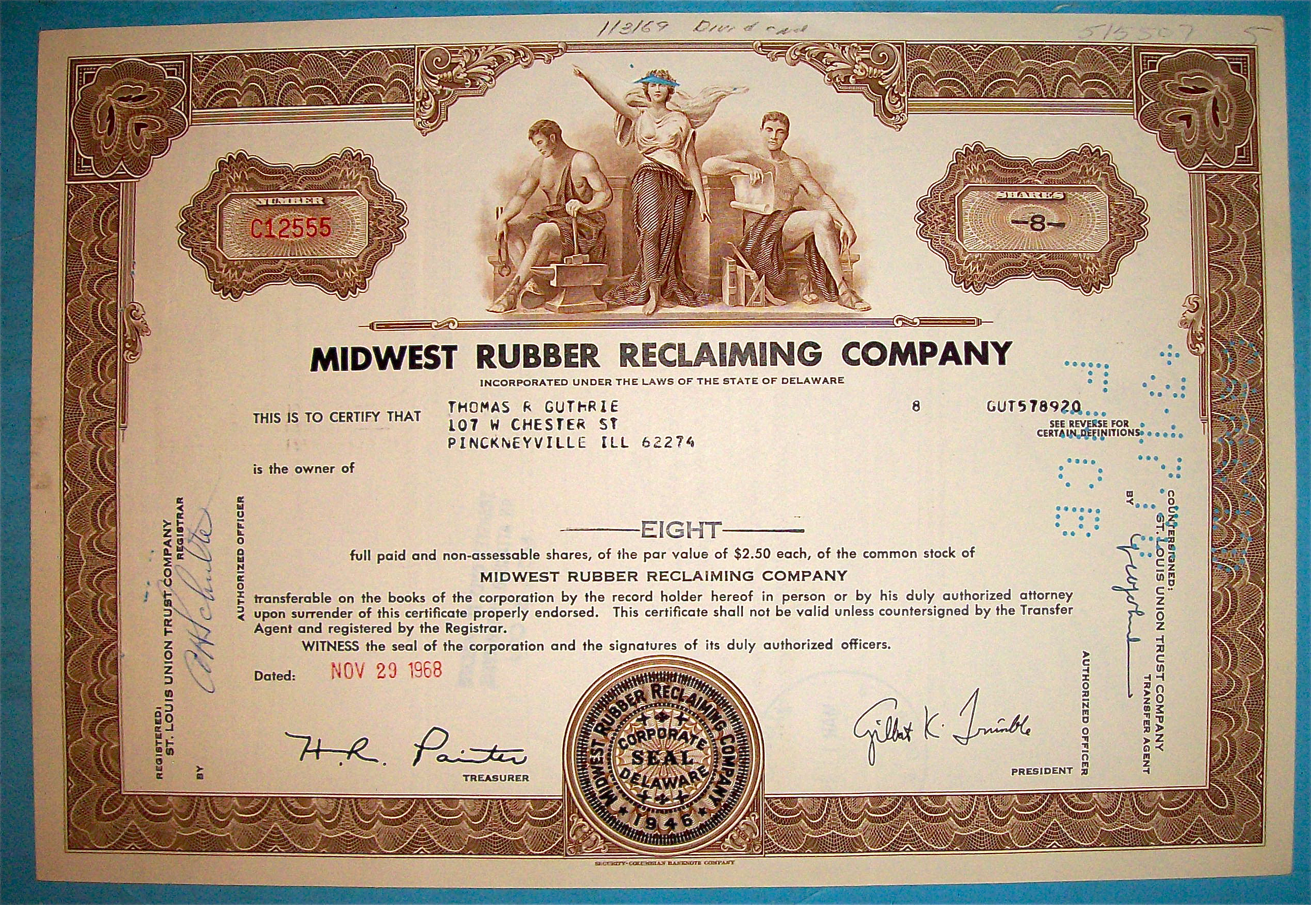 1968 Midwest Rubber Reclaiming Co Stock Certificate