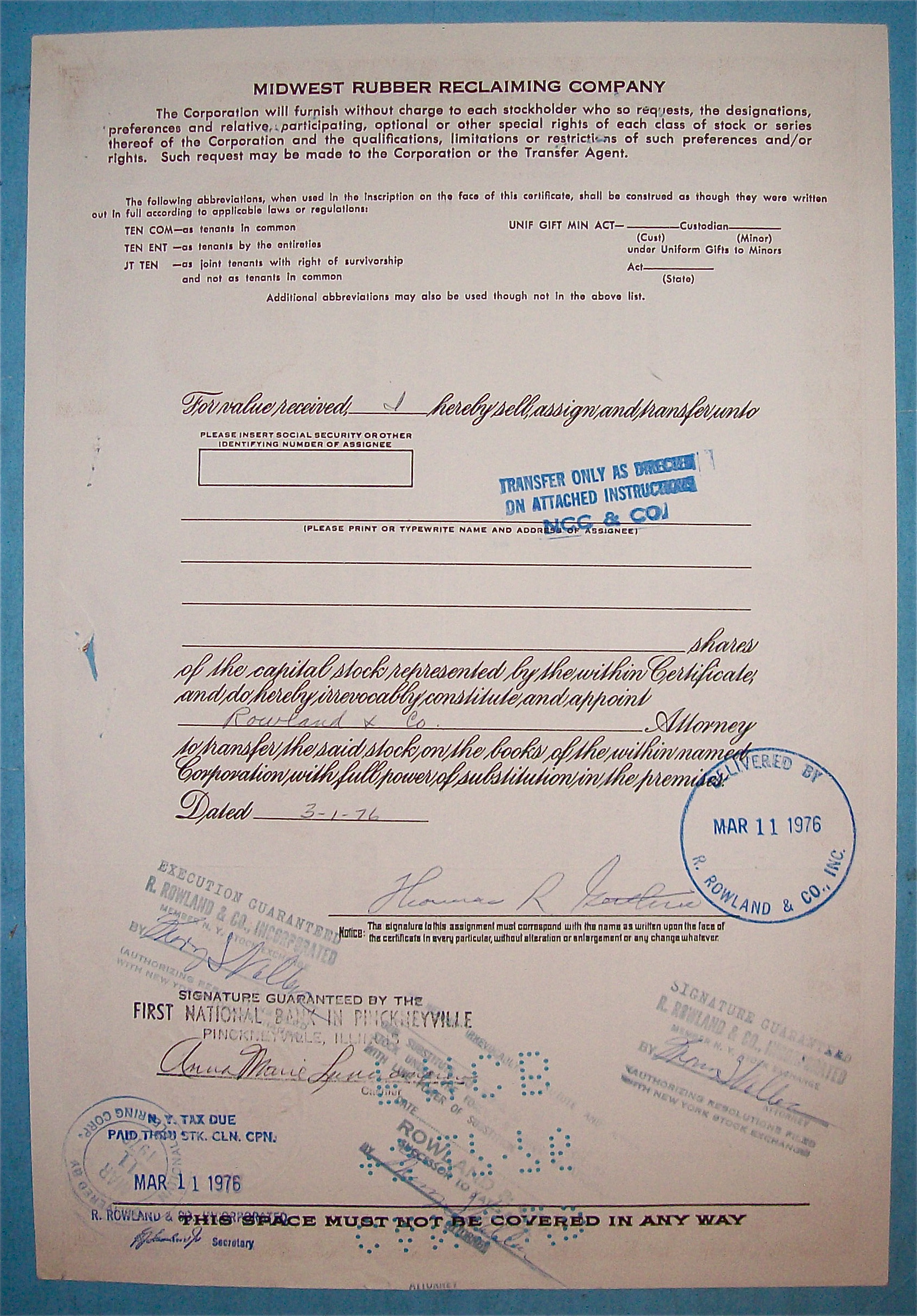 1968 Midwest Rubber Reclaiming Co Stock Certificate