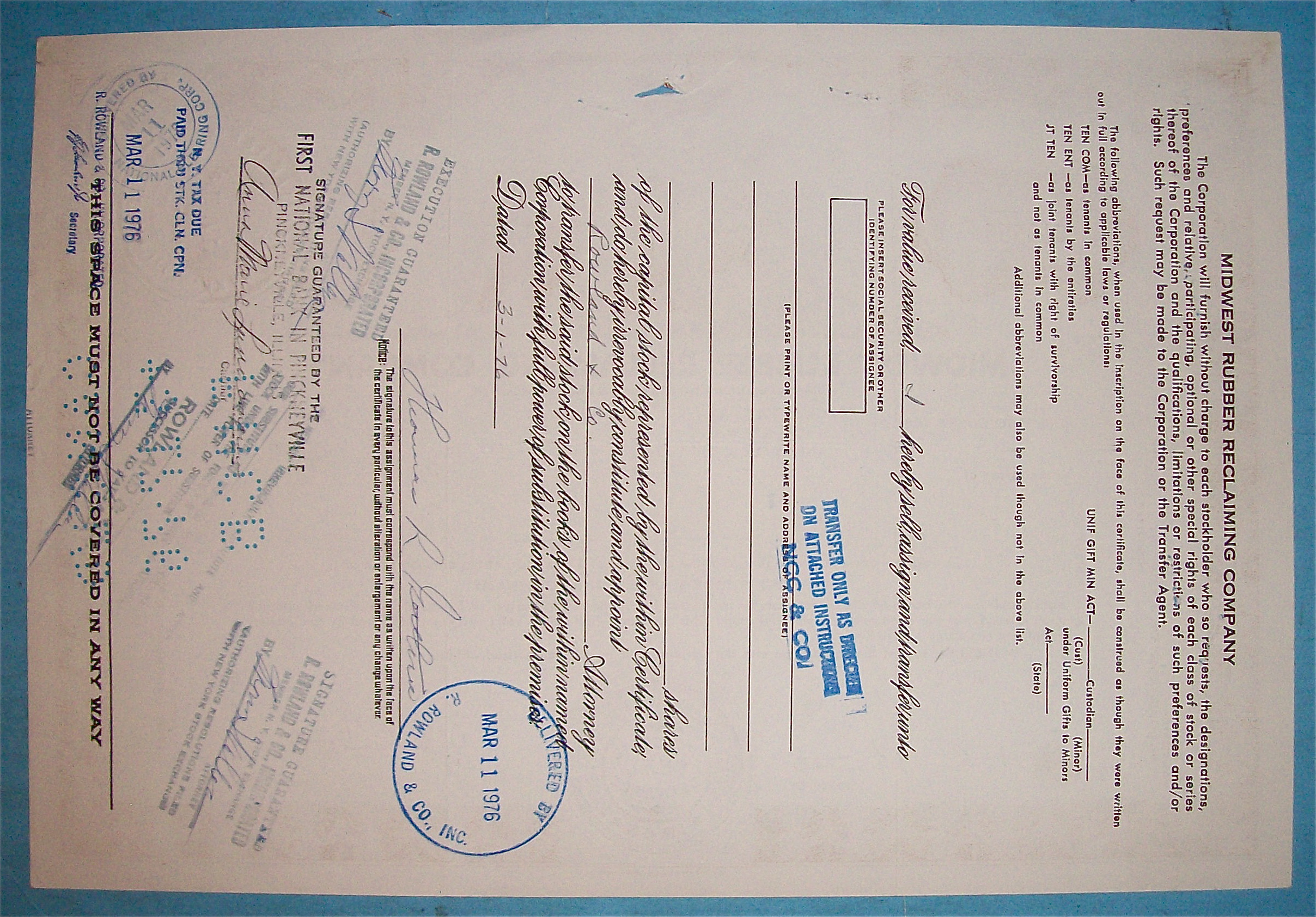 1968 Midwest Rubber Reclaiming Co Stock Certificate