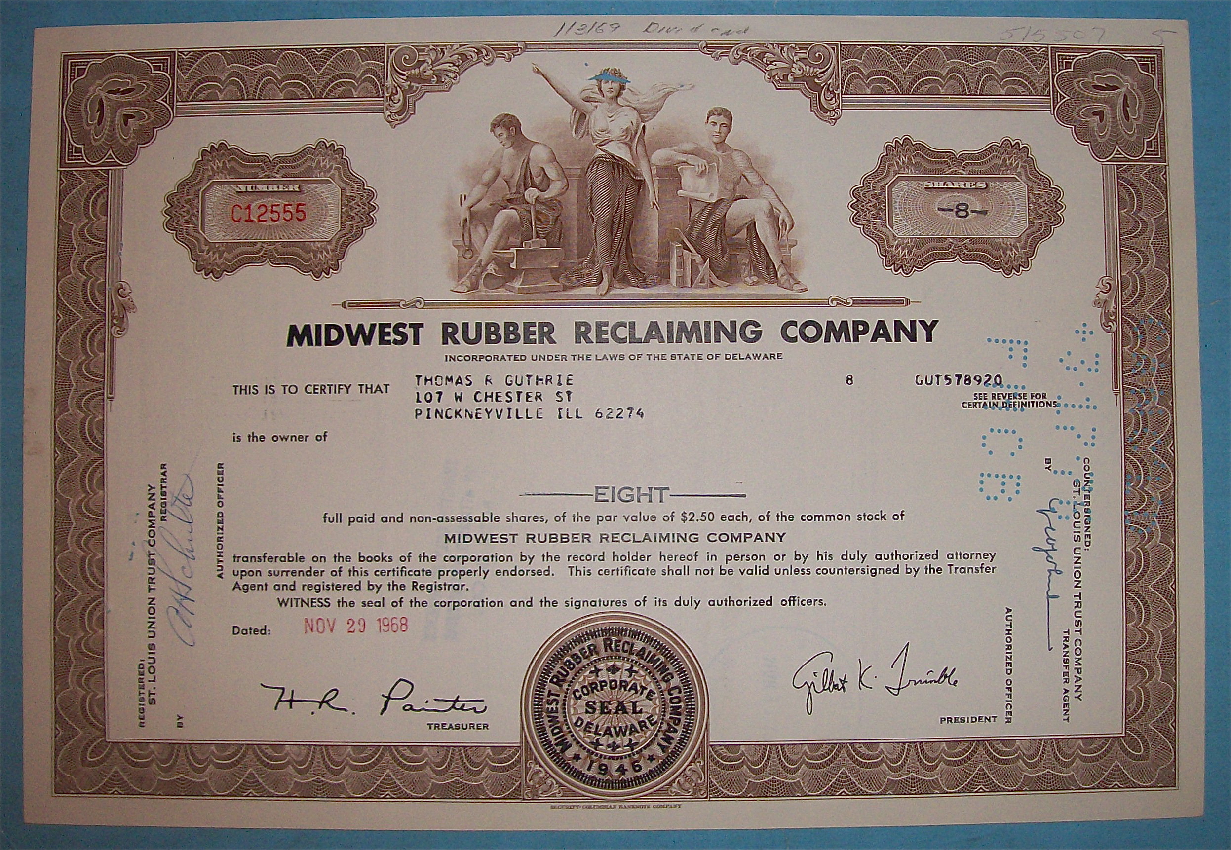 1968 Midwest Rubber Reclaiming Co Stock Certificate