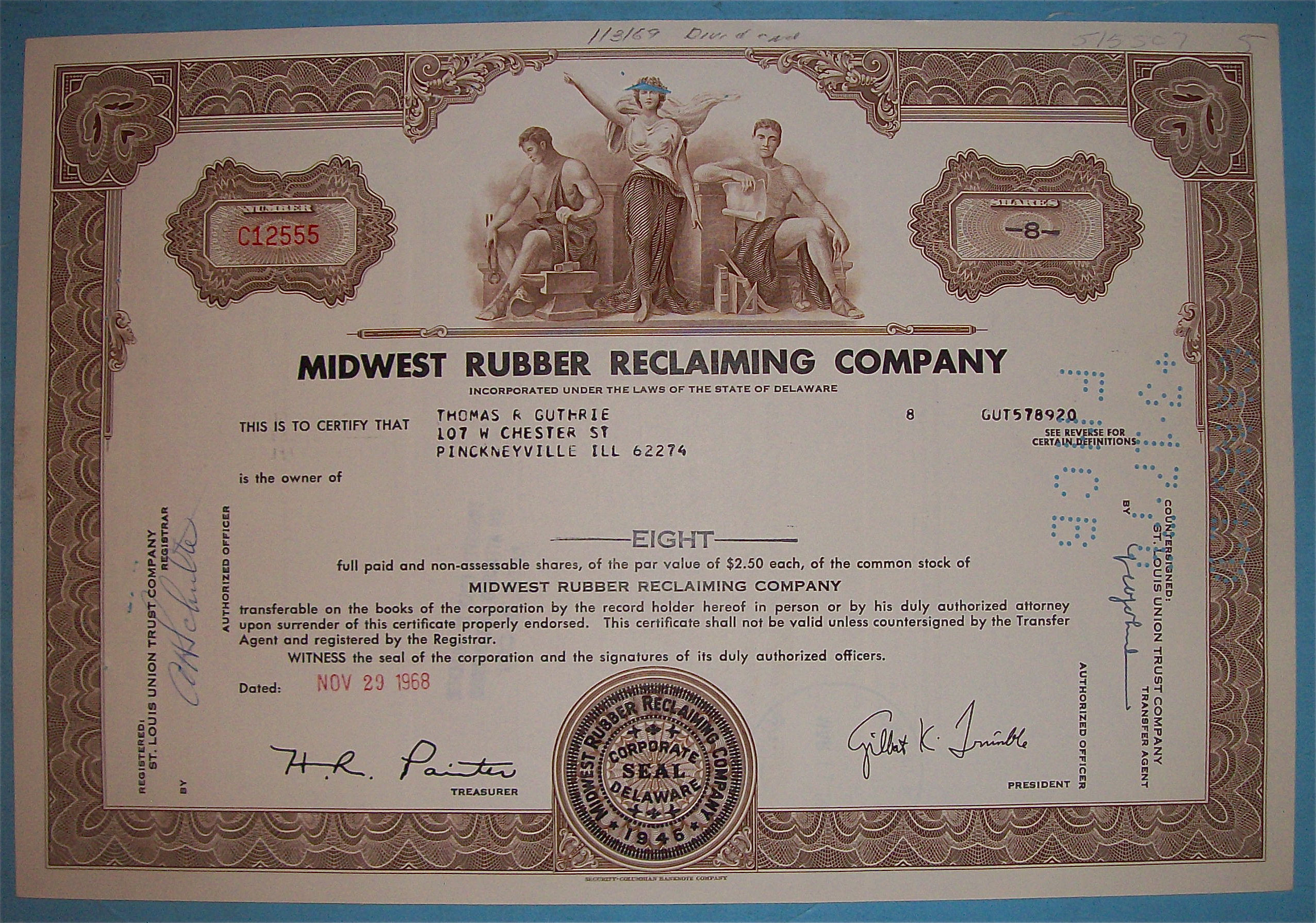 1968 Midwest Rubber Reclaiming Co Stock Certificate