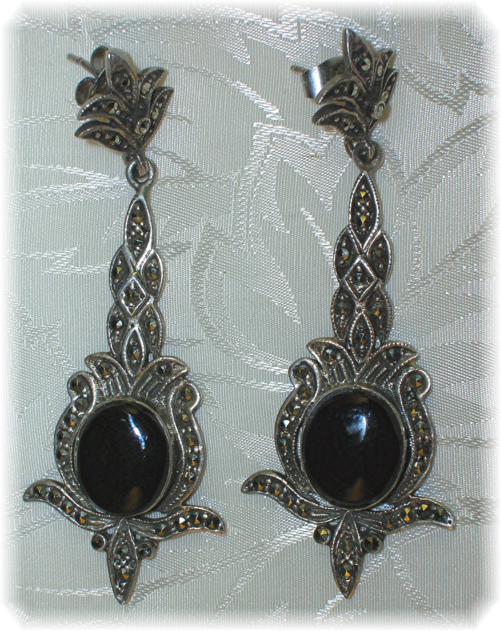Vintage Sterlng Silver Black Onyx Marquisite Earrings