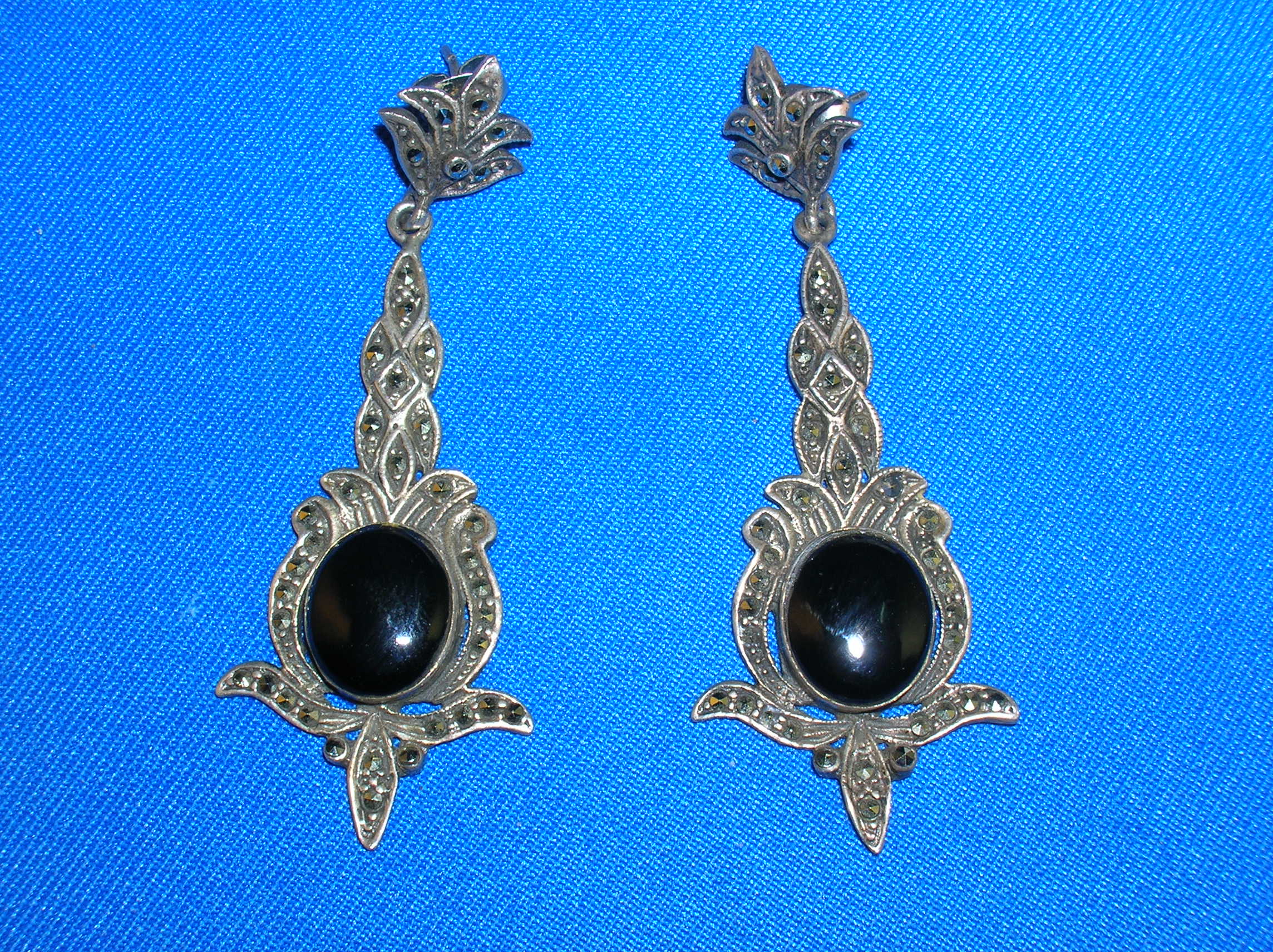 Vintage Sterlng Silver Black Onyx Marquisite Earrings