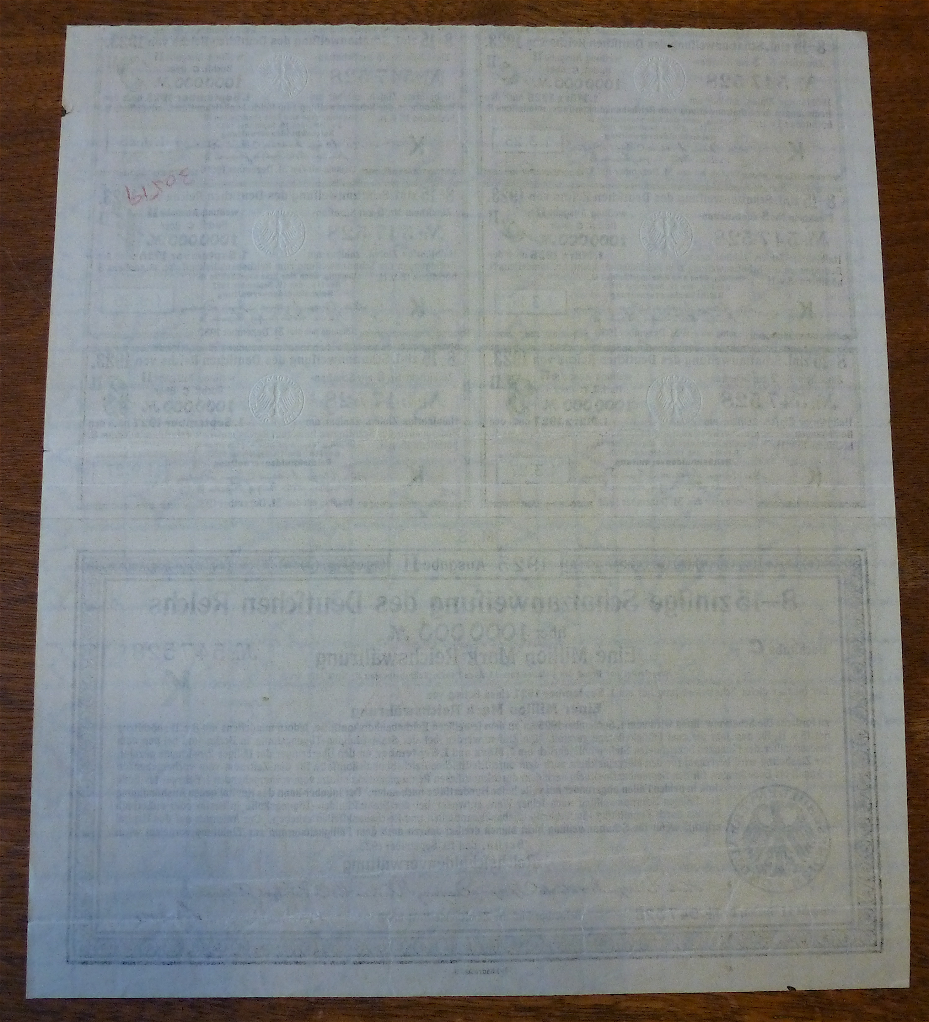 Eine Million Mark Reichswahrung Stock Certificate