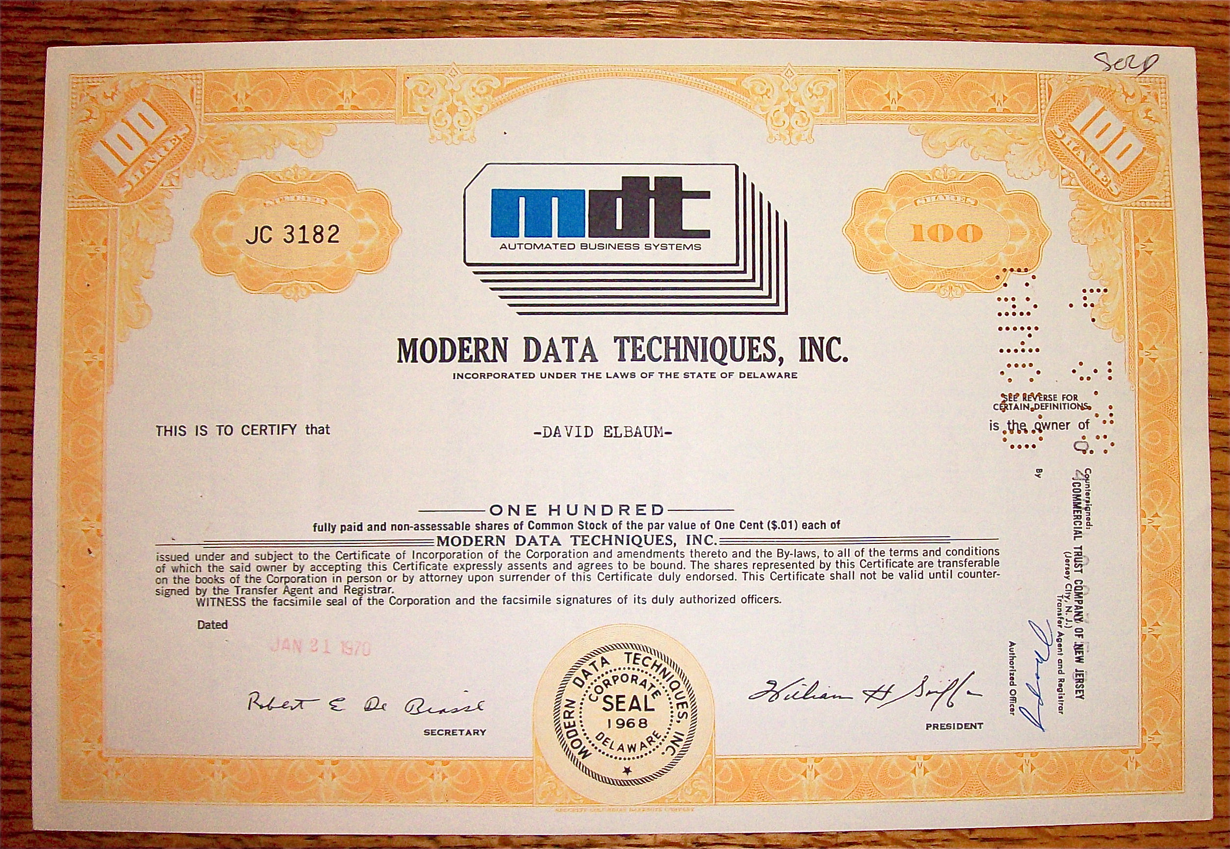 1970 Modern Data Techniques Incorporated Stock