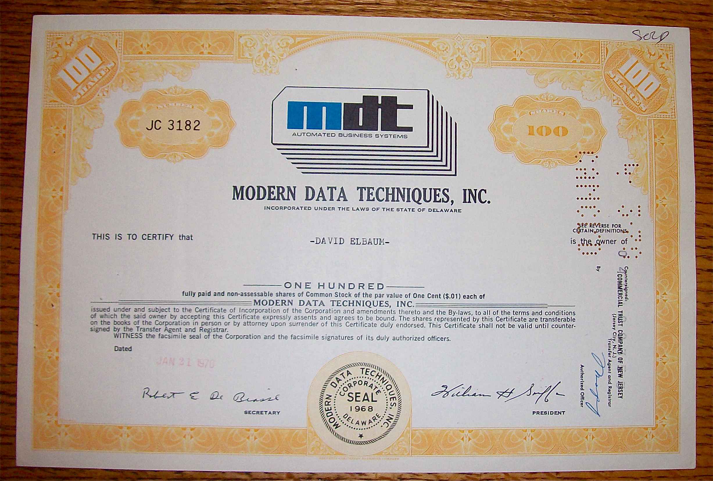 1970 Modern Data Techniques Incorporated Stock