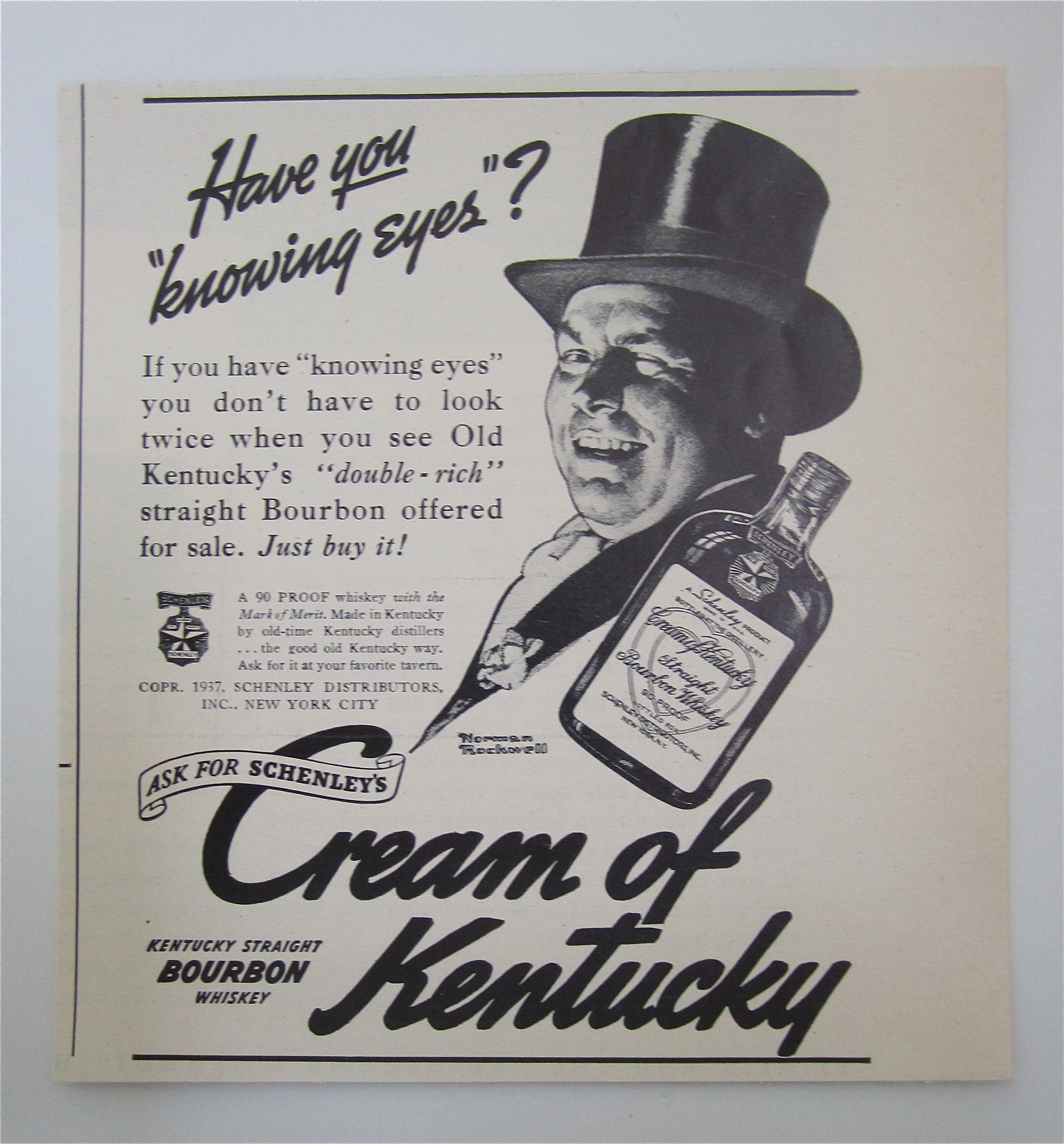 1937 Cream Of Kentucky Whiskey with a Man In a Top Hat