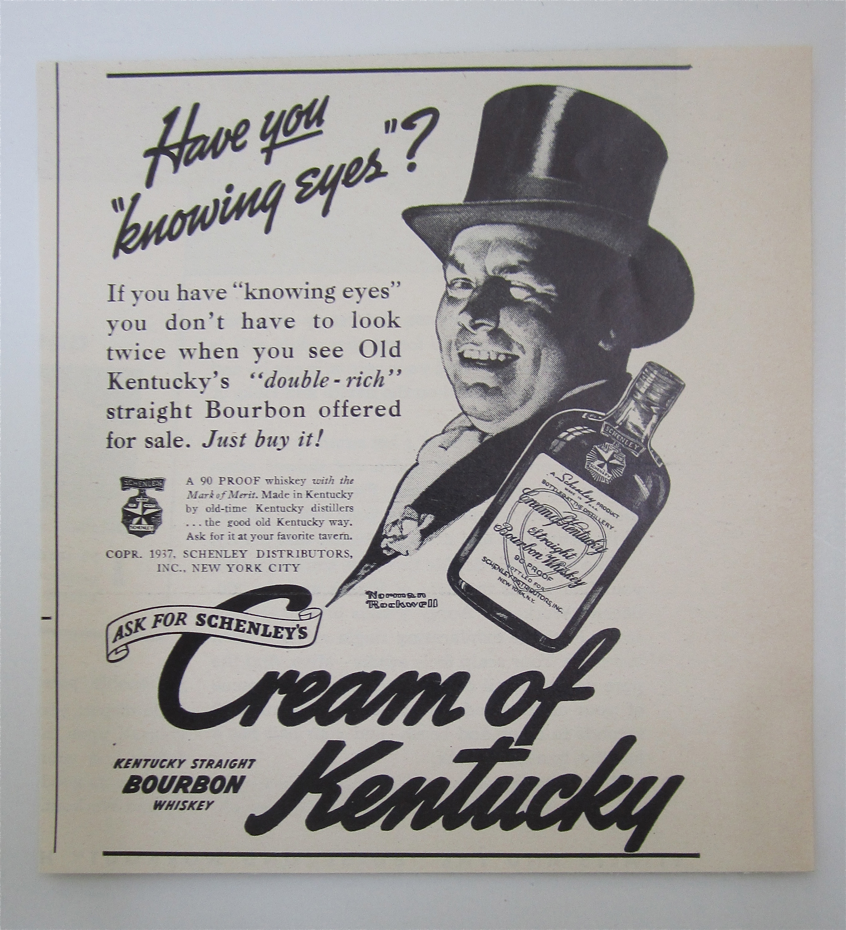 1937 Cream Of Kentucky Whiskey with a Man In a Top Hat