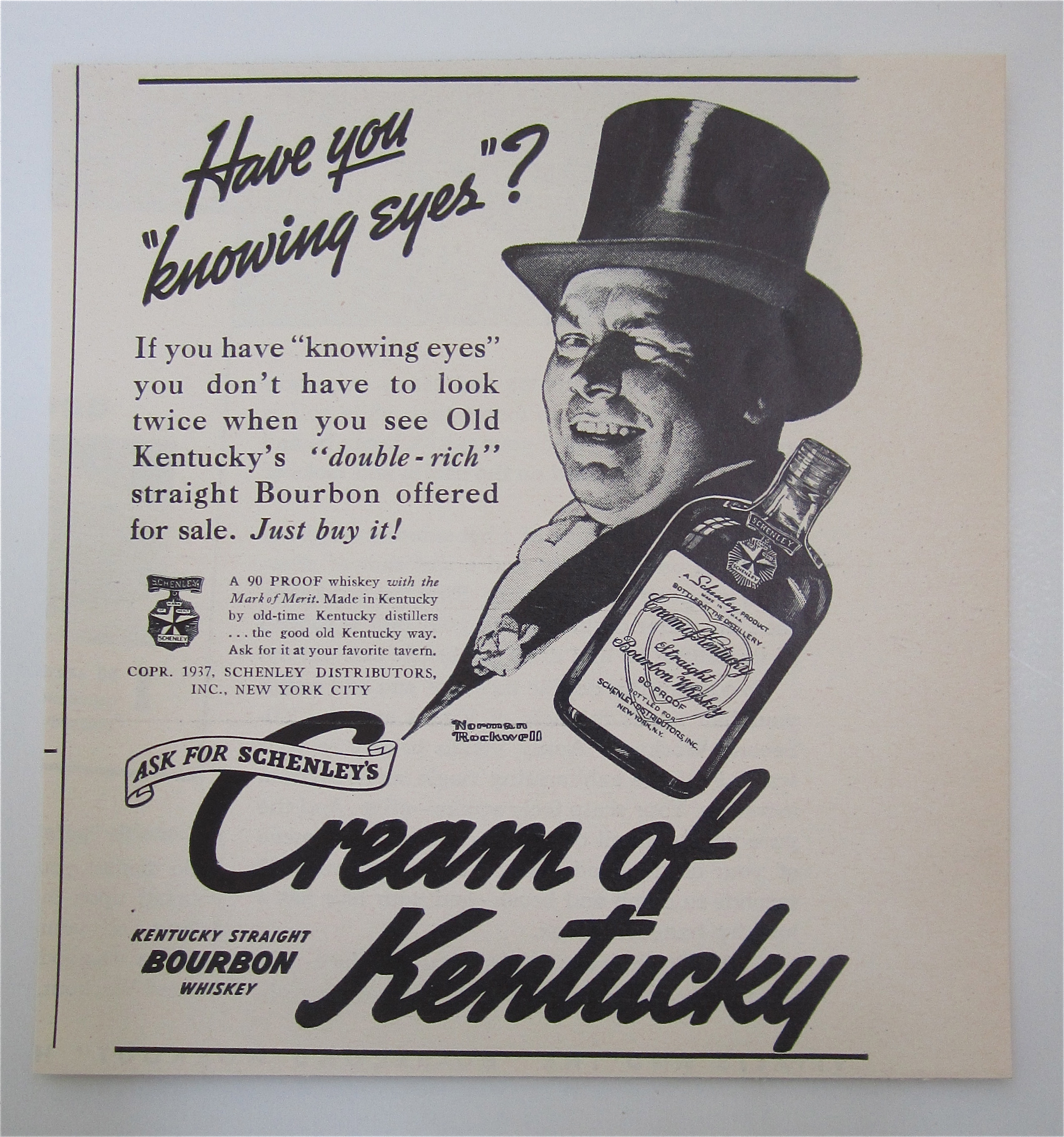 1937 Cream Of Kentucky Whiskey with a Man In a Top Hat