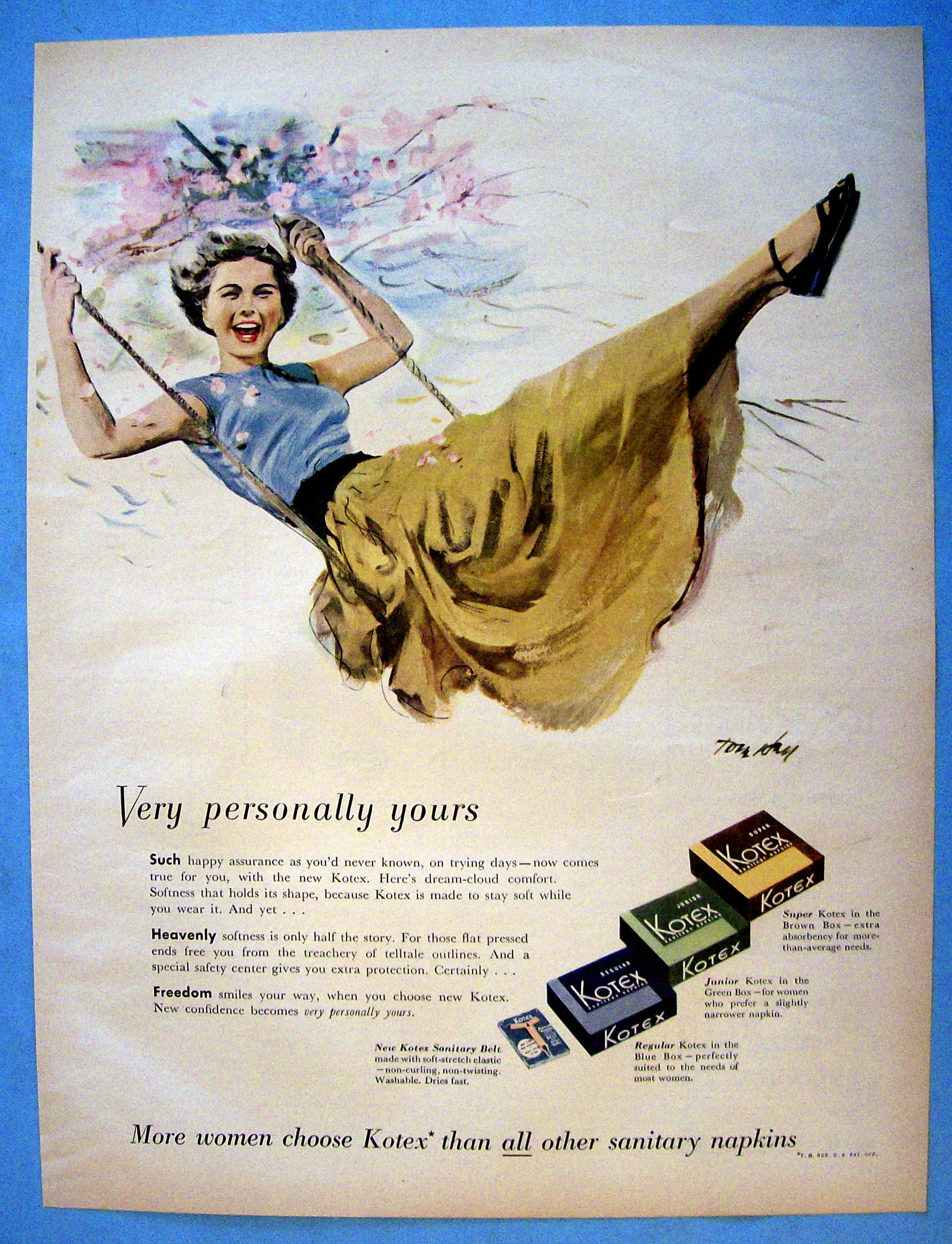 1951 Kotex Sanitary Napkins with Woman Swinging