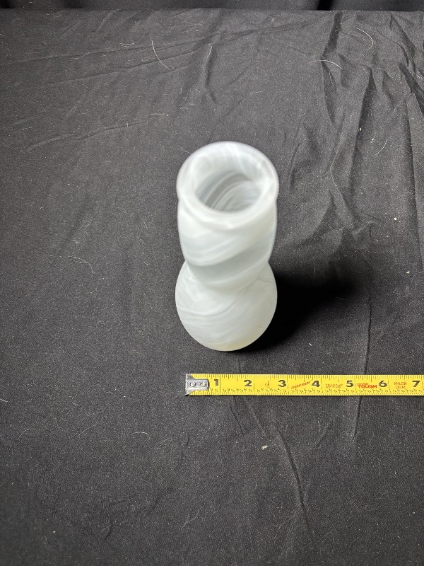 White Slag Glass Bowling Pin Vase 7.5" Mid Century Swirl Art Glass Glow