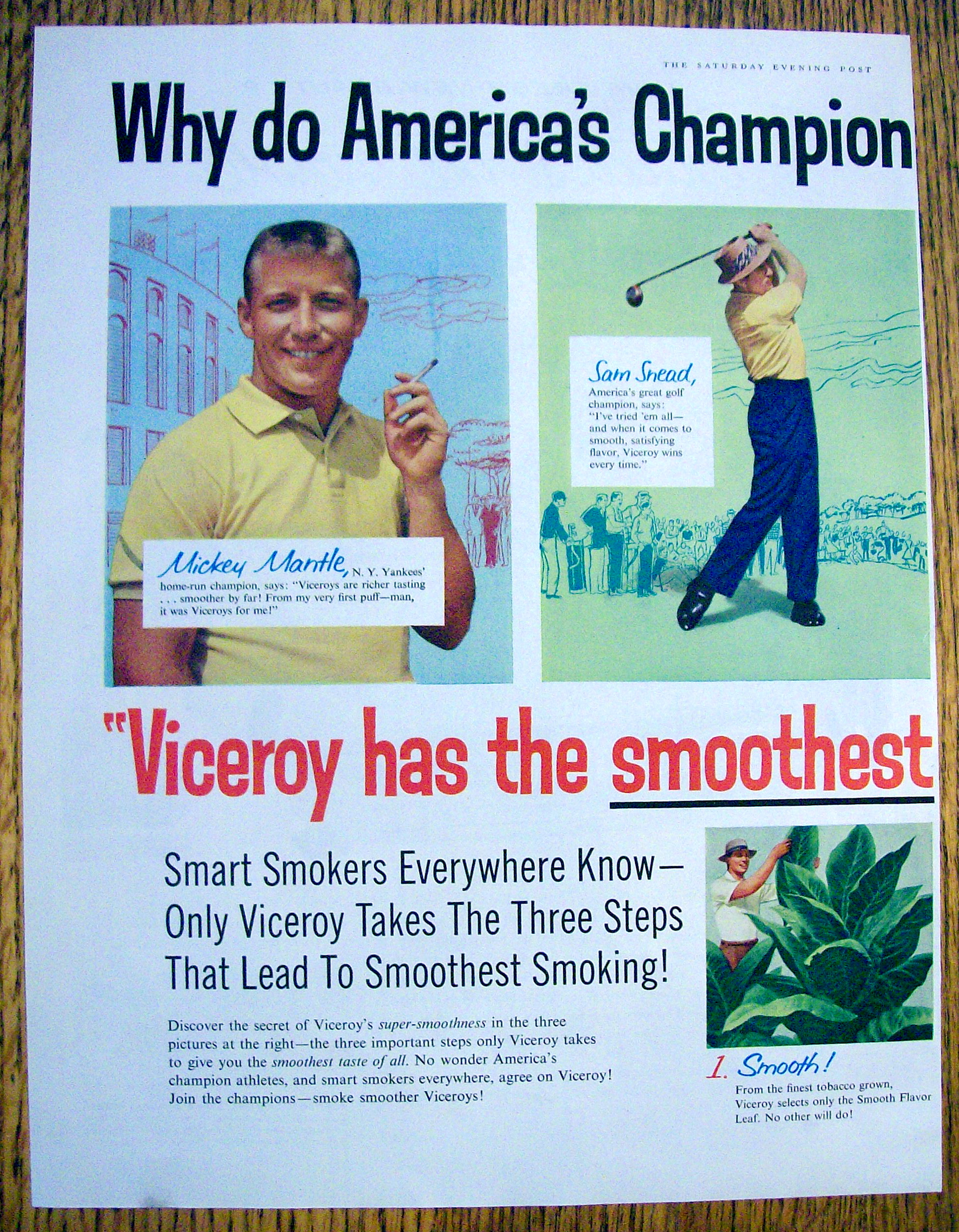 1957 Viceroy Cigarettes with Mickey Mantle, Sam Snead