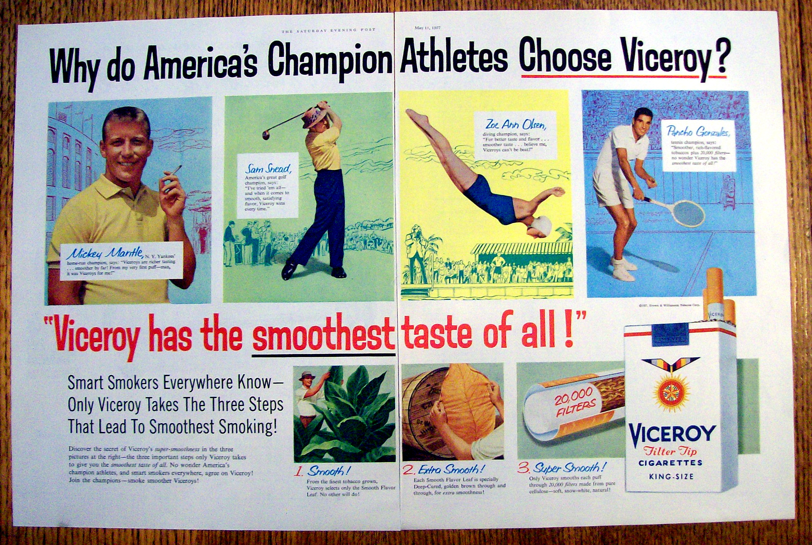 1957 Viceroy Cigarettes with Mickey Mantle, Sam Snead
