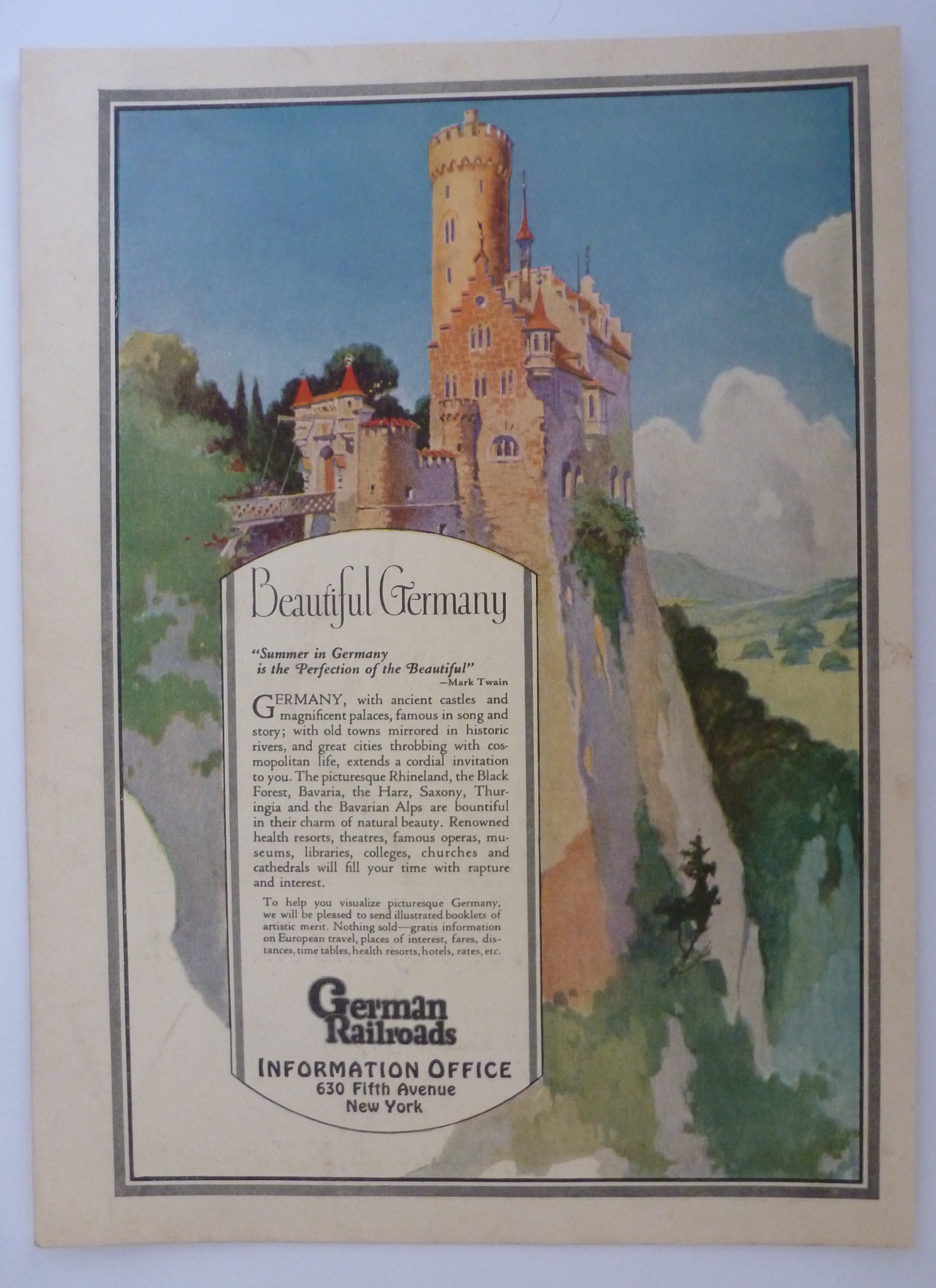 1926 German Railroads with Lovely Castle On Hill
