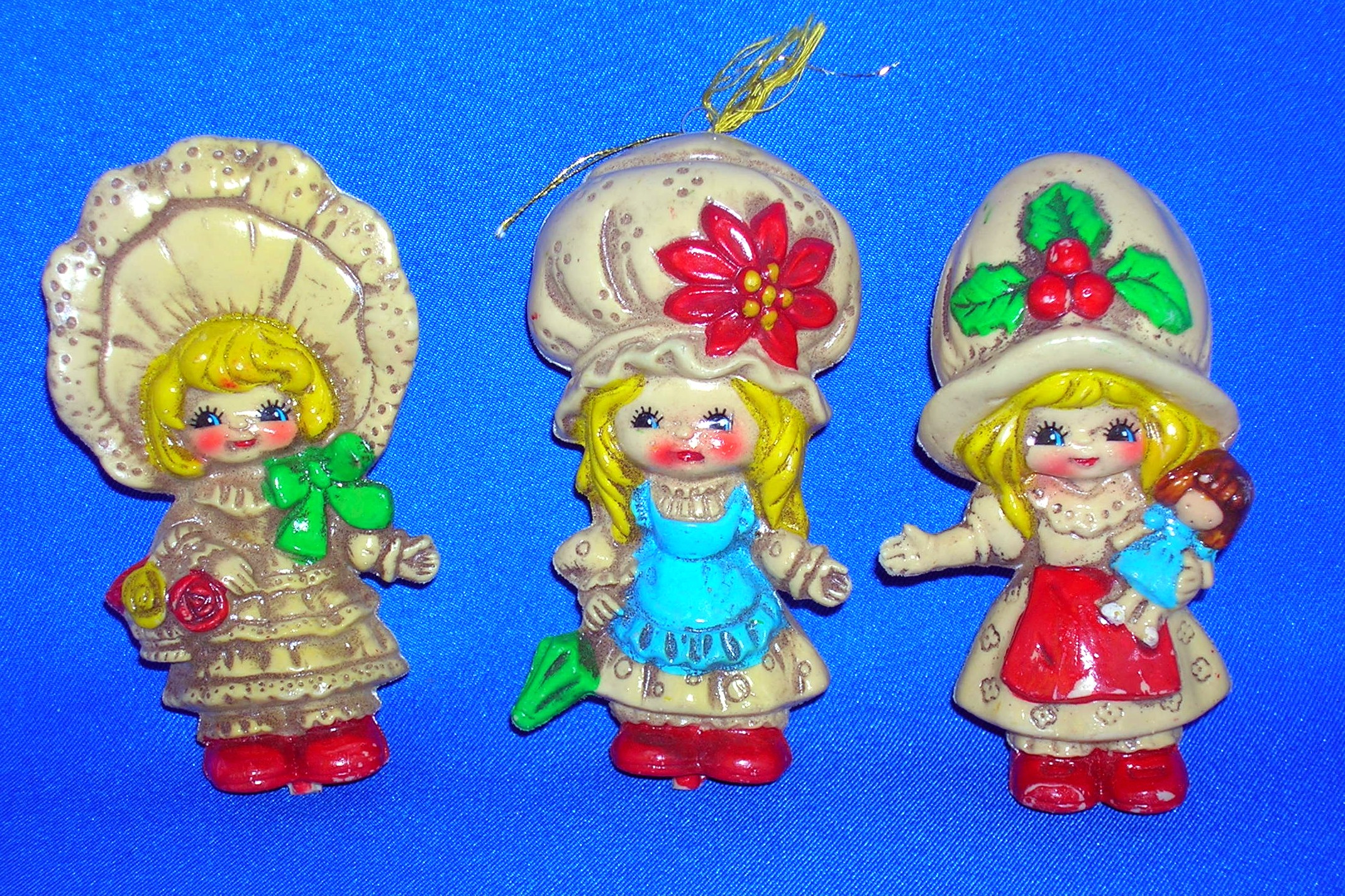 3 Old Holly Hobby Type Christmas Tree Ornaments Japan
