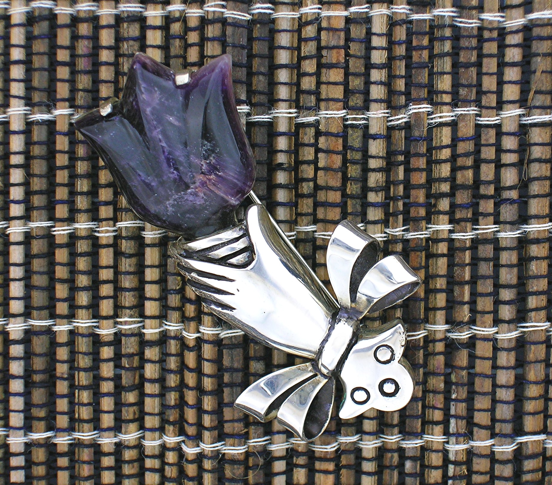Brooch Spratling Style Silver Hand and Amethyst Tulip