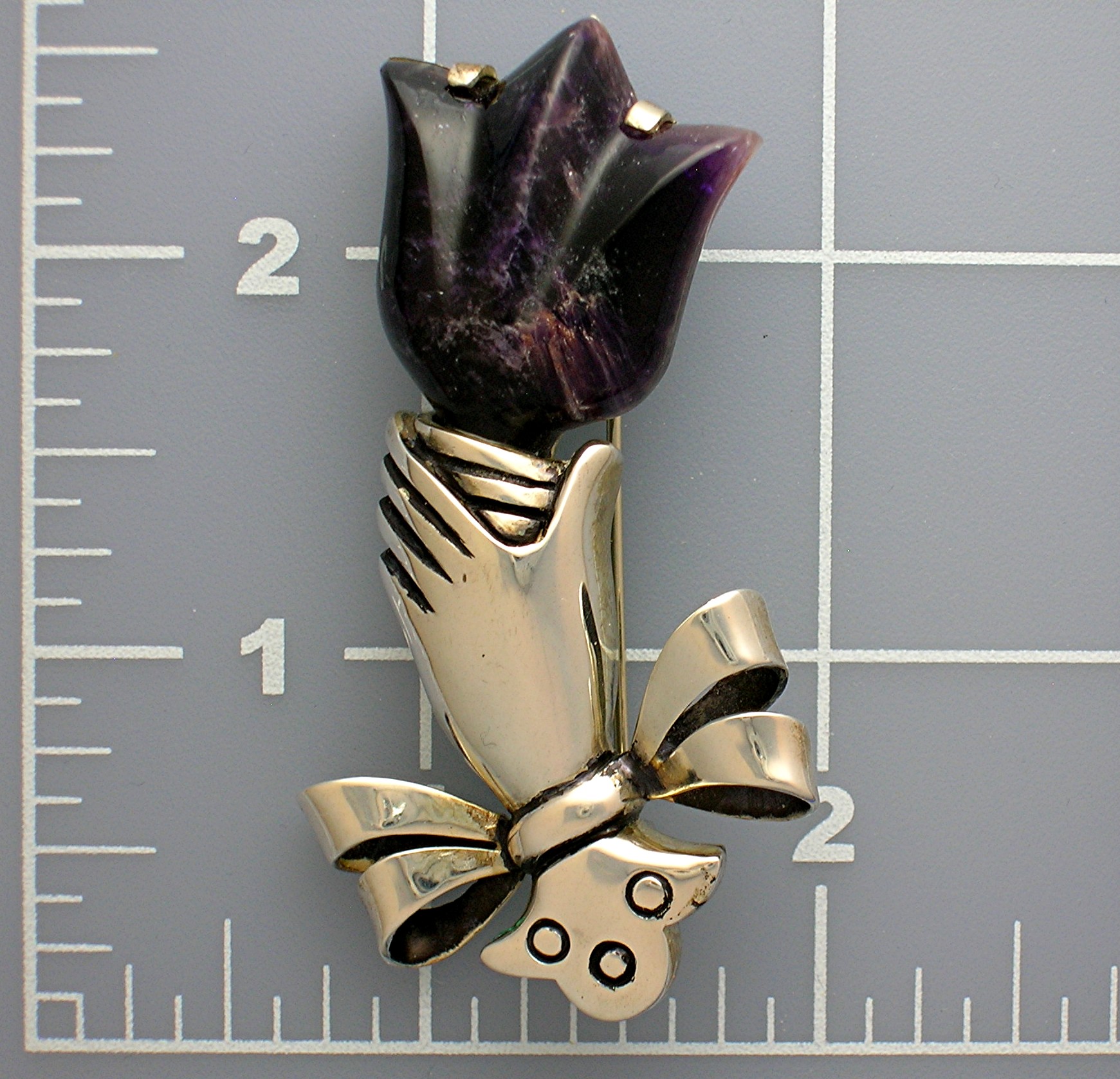 Brooch Spratling Style Silver Hand and Amethyst Tulip