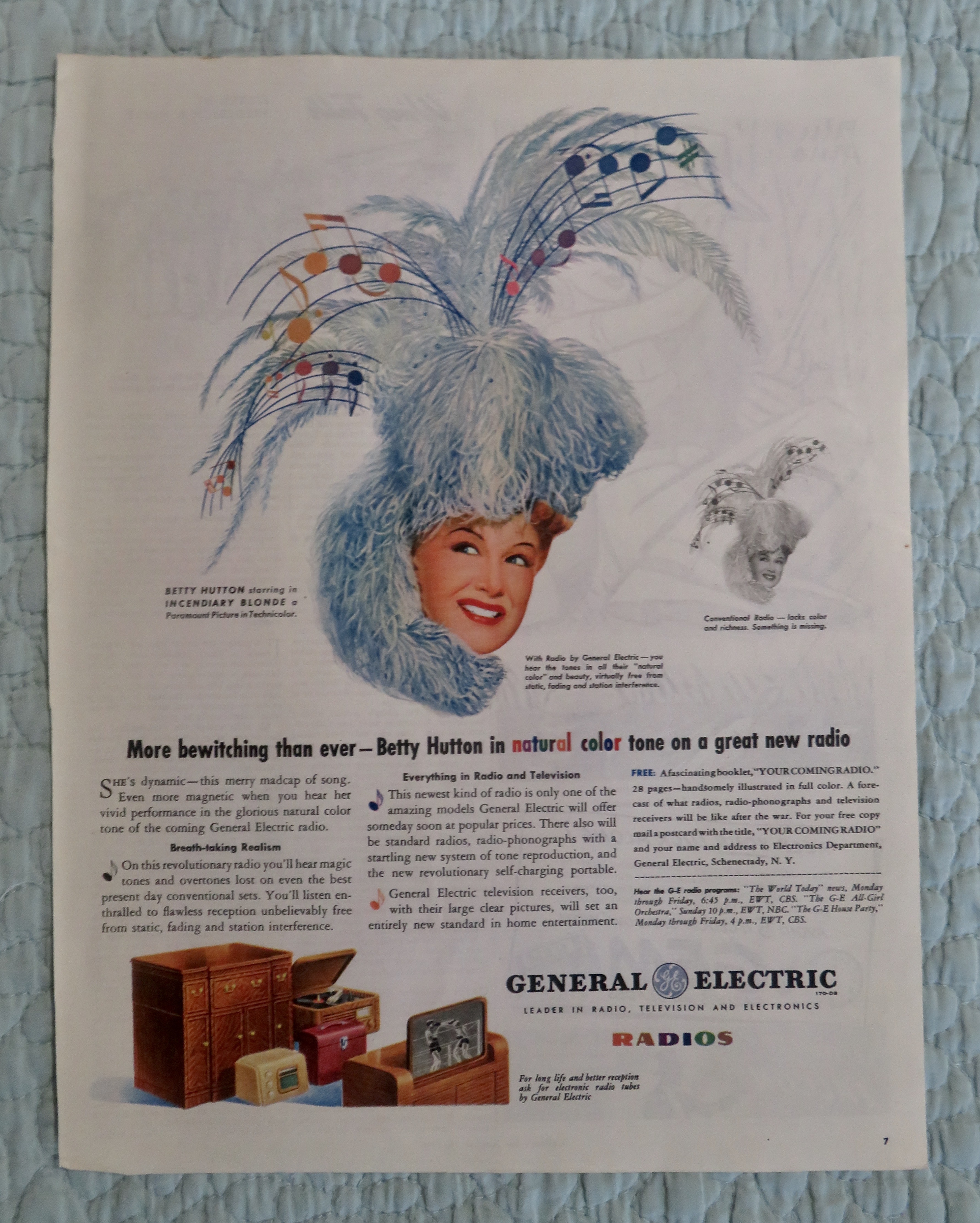 1945 General Electric Radio w/ Movie Star Betty Hutton