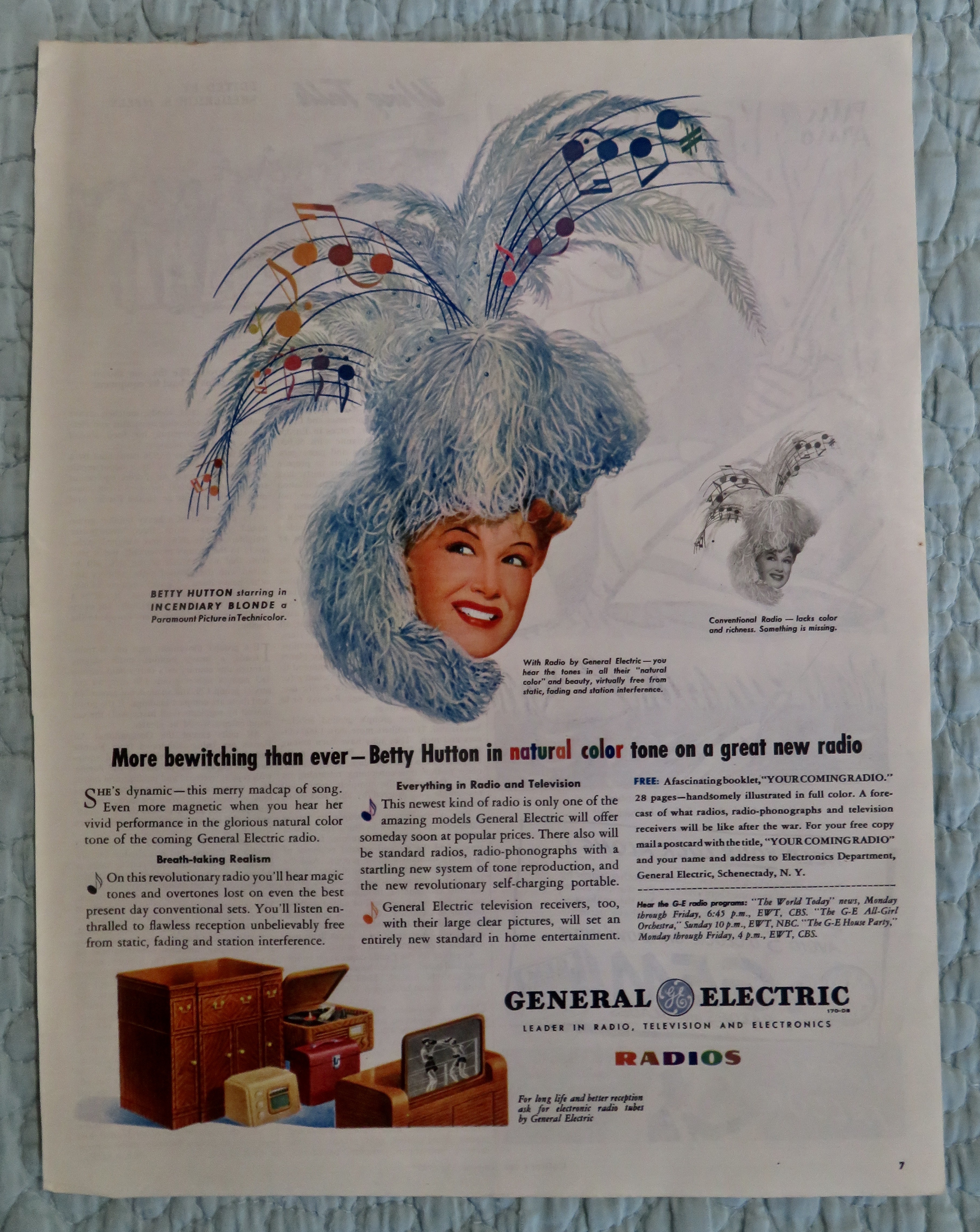 1945 General Electric Radio w/ Movie Star Betty Hutton