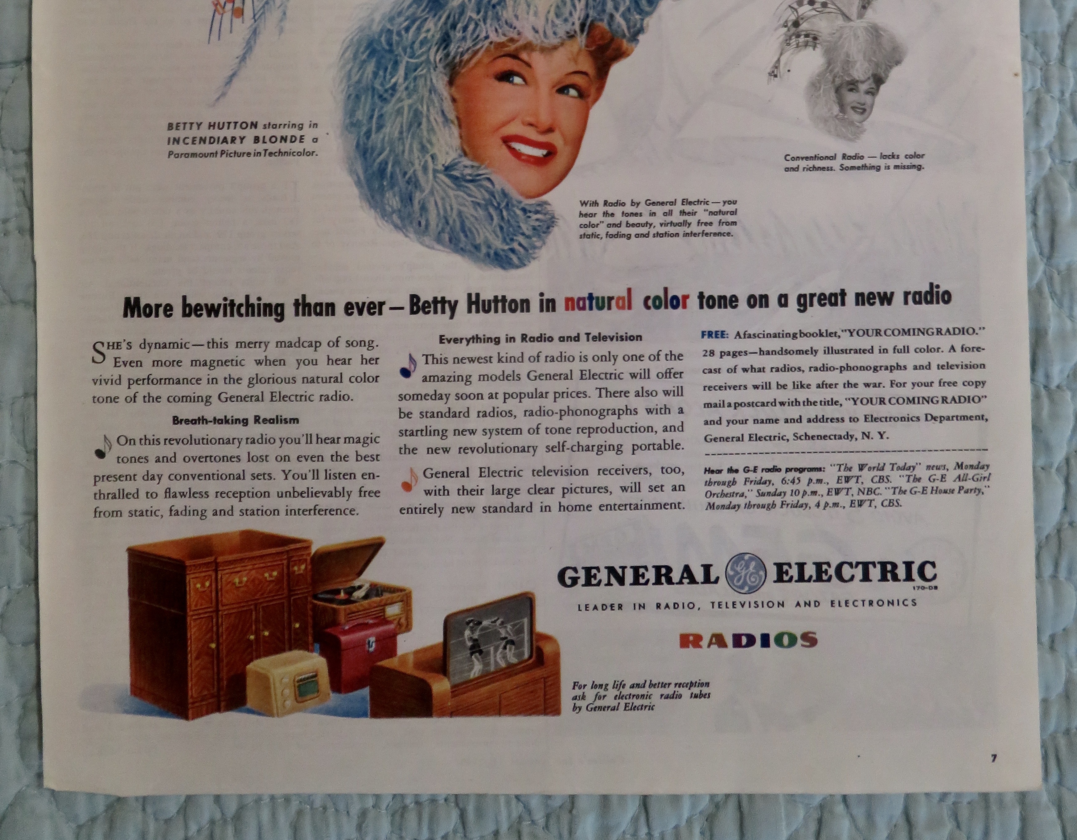 1945 General Electric Radio w/ Movie Star Betty Hutton