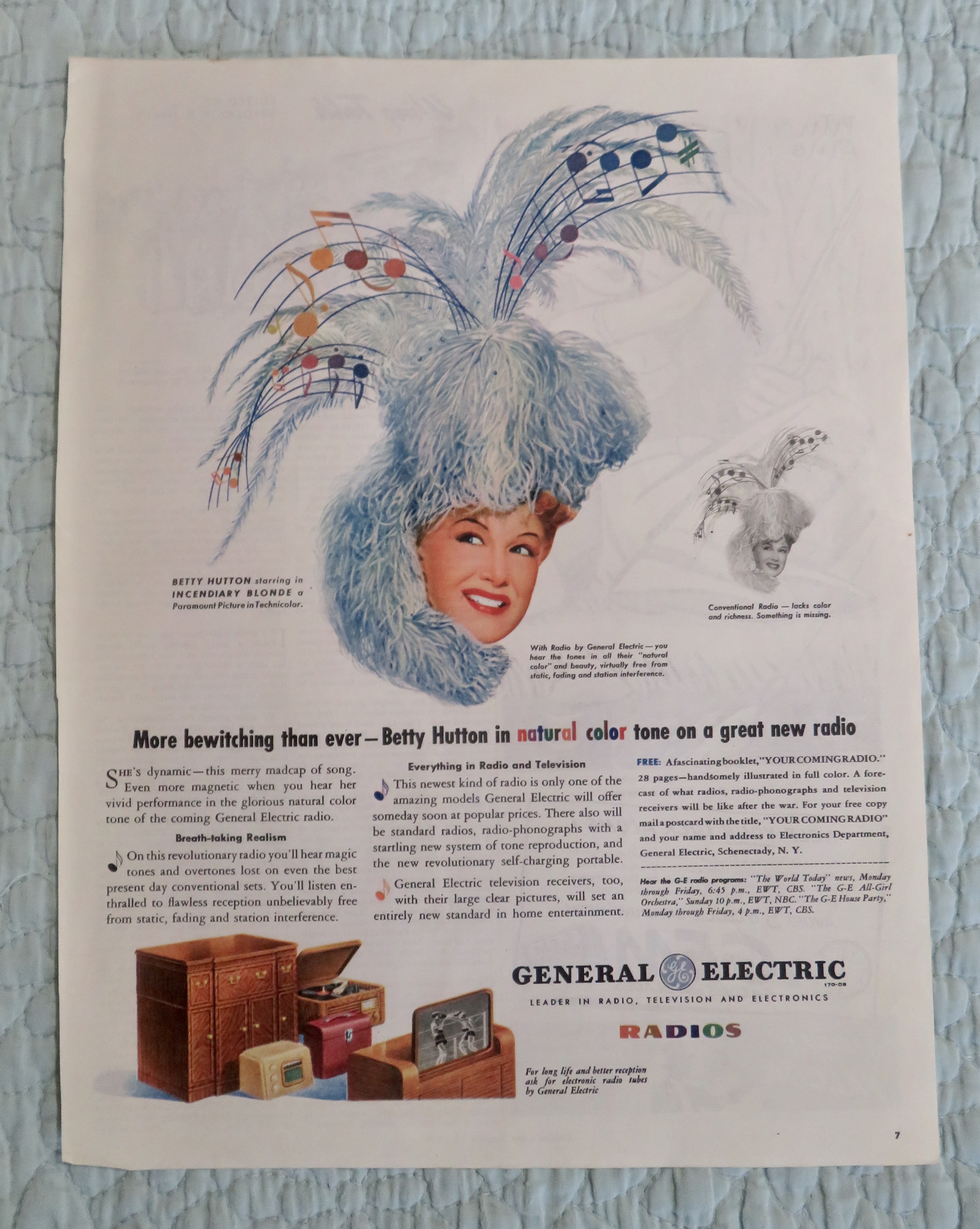1945 General Electric Radio w/ Movie Star Betty Hutton