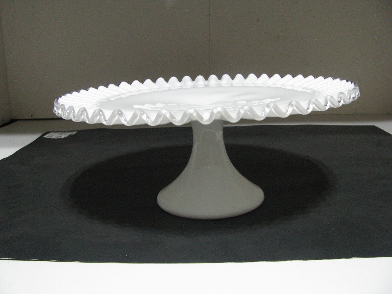 Vintage Fenton Silver Crest Milk Glass Ruffled Cake Stand Pedestal Plate