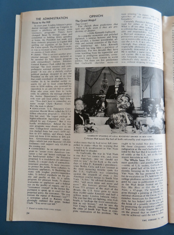 Time Magazine February 16, 1968 John Kenneth Galbraith